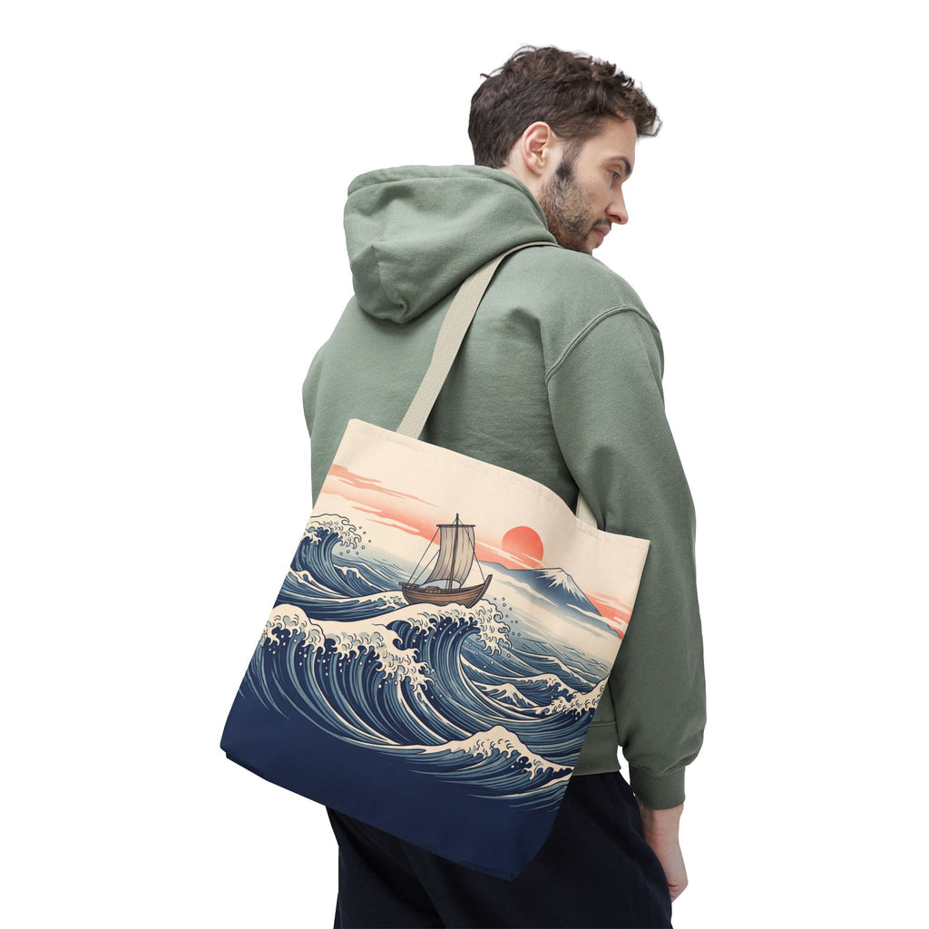 Japanese Wave Sailboat Tote Bag – Woodblock Style Ocean Beach Bag