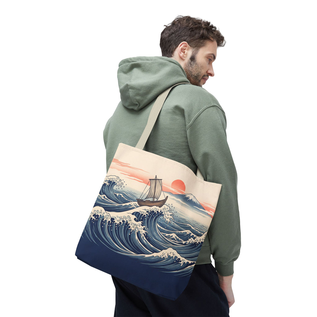 Japanese Wave Sailboat Tote Bag – Woodblock Style Ocean Beach Bag