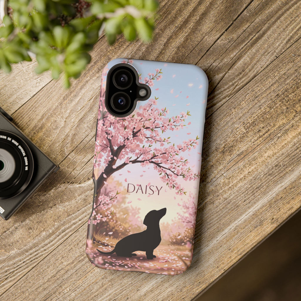 Personalized Dachshund Cherry Blossom Phone Case — Wireless Charging Cover