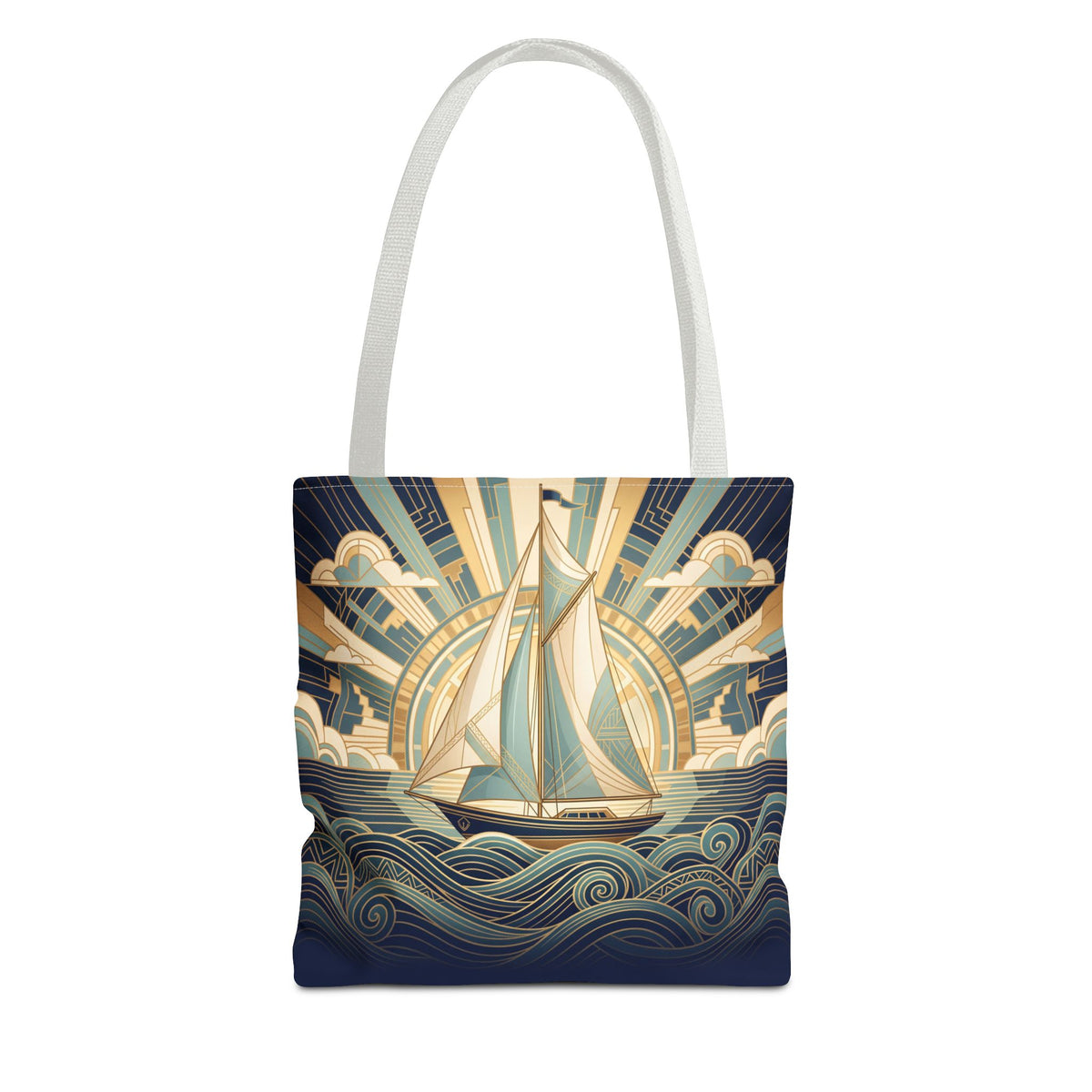 Vintage Art Deco Sailboat Tote Bag – Sunrise Swirling Waves Beach Bag