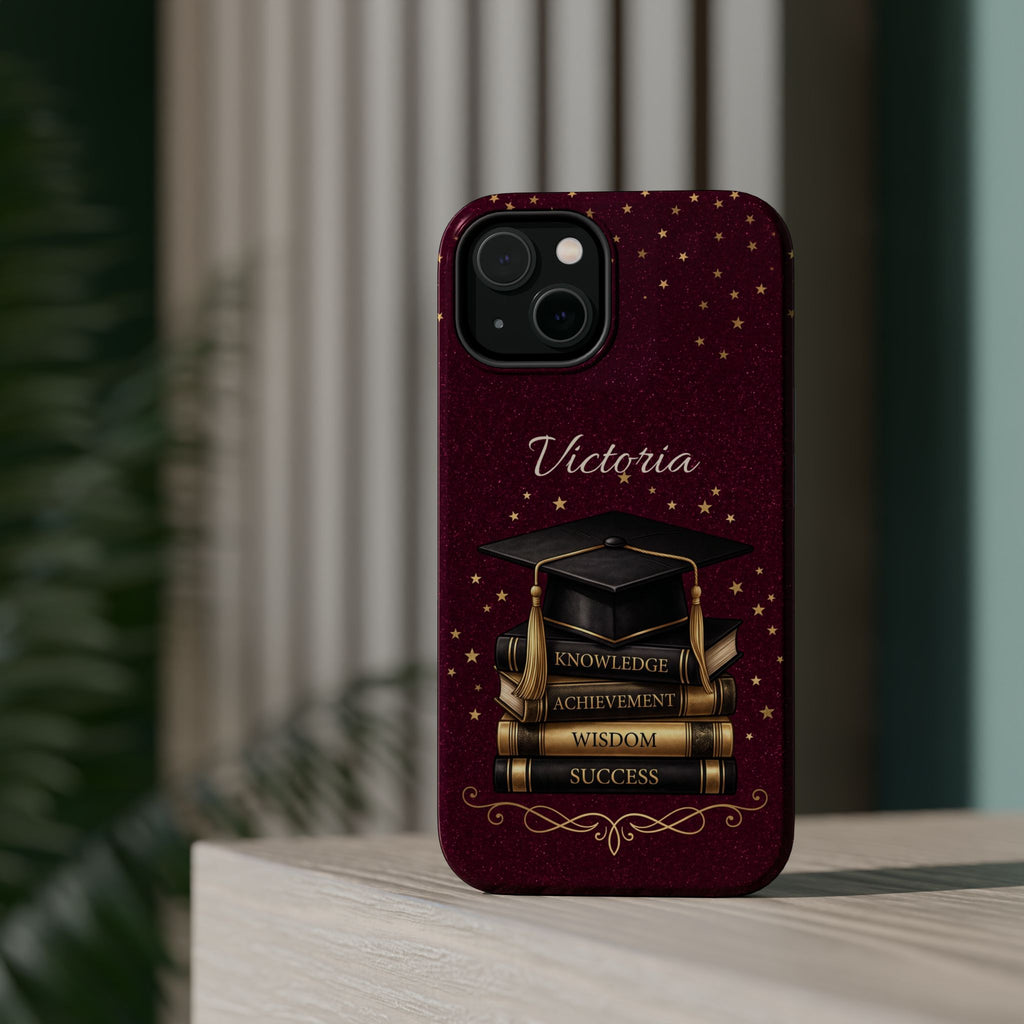 Graduation Cap & Books Personalized Teacher Phone Case — Wireless Charging Cover