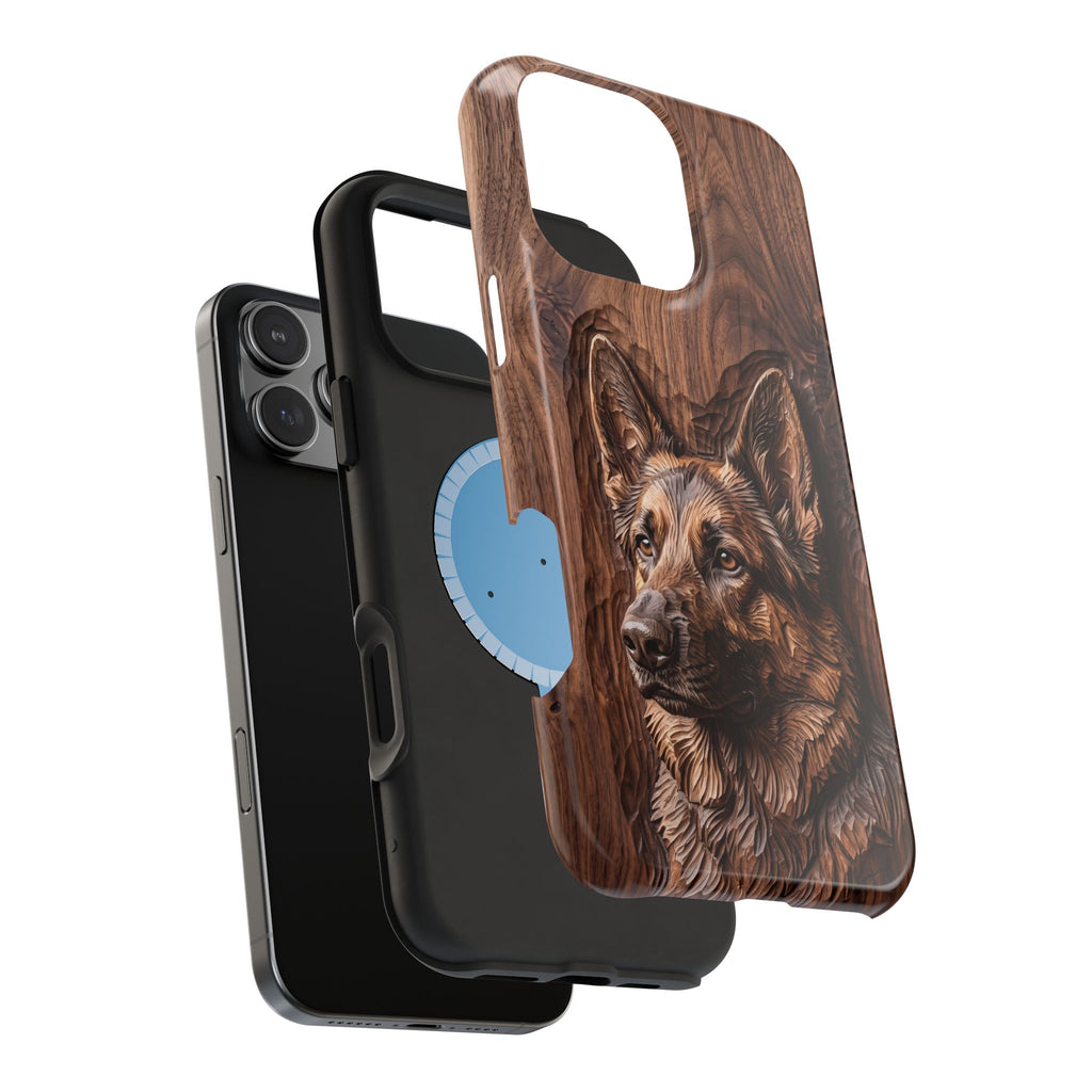 German Shepherd Phone Case | Carved Walnut Art — Tough Magnetic Case with Wireless Charging