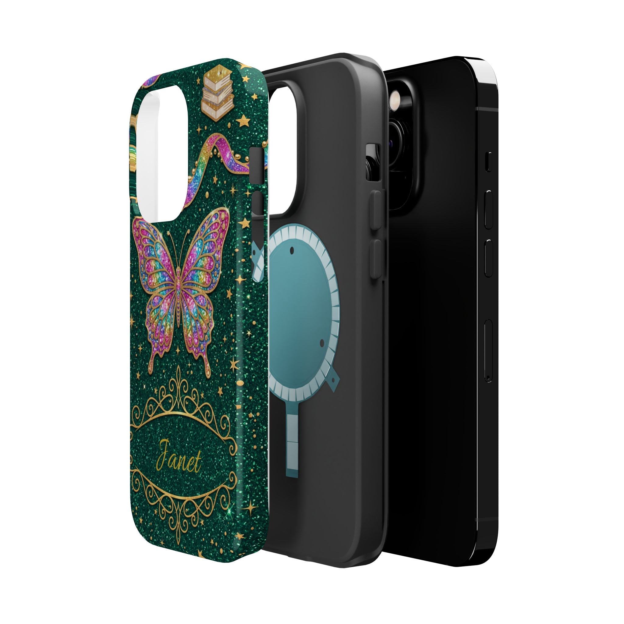 Rainbow Glitter Butterfly Personalized Teacher Phone Case — Wireless Charging Cover
