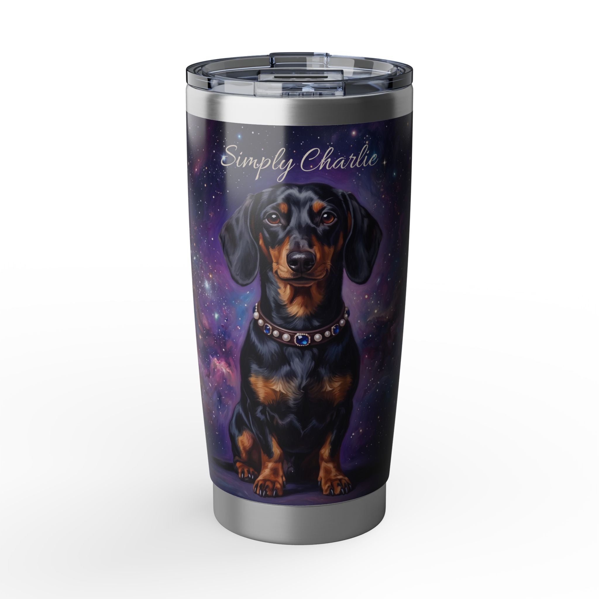 Dachshund Purple Galaxy Stainless Tumbler — 20oz Personalized Travel Mug with Black & Tan Cosmic Design