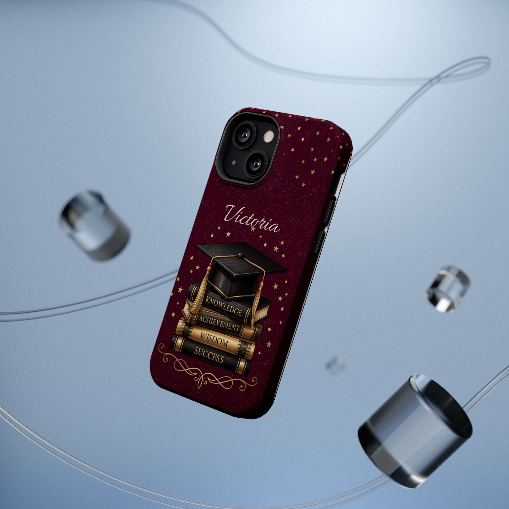 Graduation Cap & Books Personalized Teacher Phone Case — Wireless Charging Cover