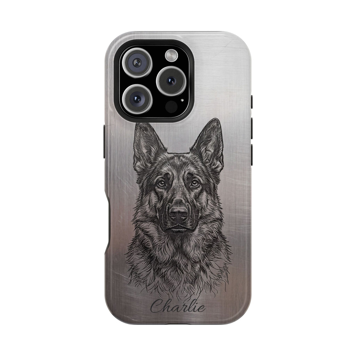 German Shepherd Phone Case | Personalized Etched Silver Art — Tough Magnetic Case with Wireless Charging