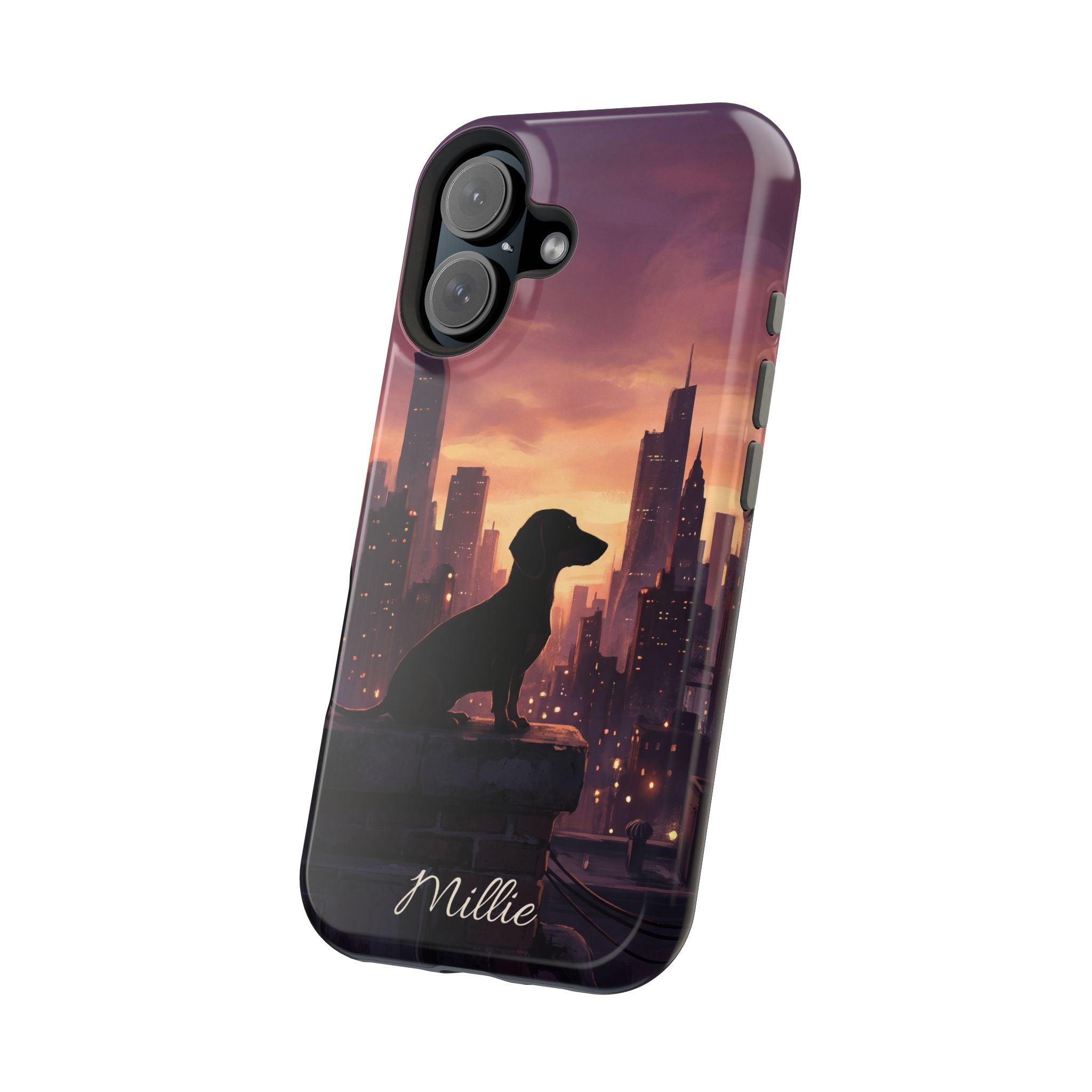 Personalized Dachshund City Skyline Phone Case — Wireless Charging Cover