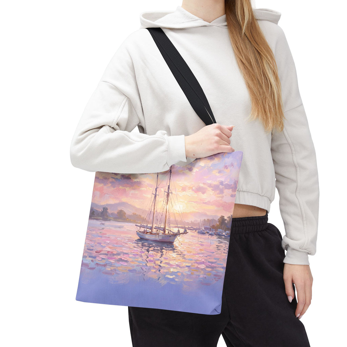 Pastel Sailboat Tote Bag – Impressionist Sunset Harbor Beach Bag