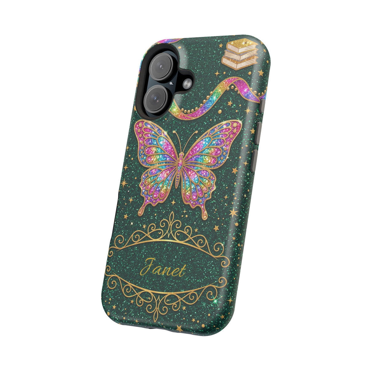 Rainbow Glitter Butterfly Personalized Teacher Phone Case — Wireless Charging Cover
