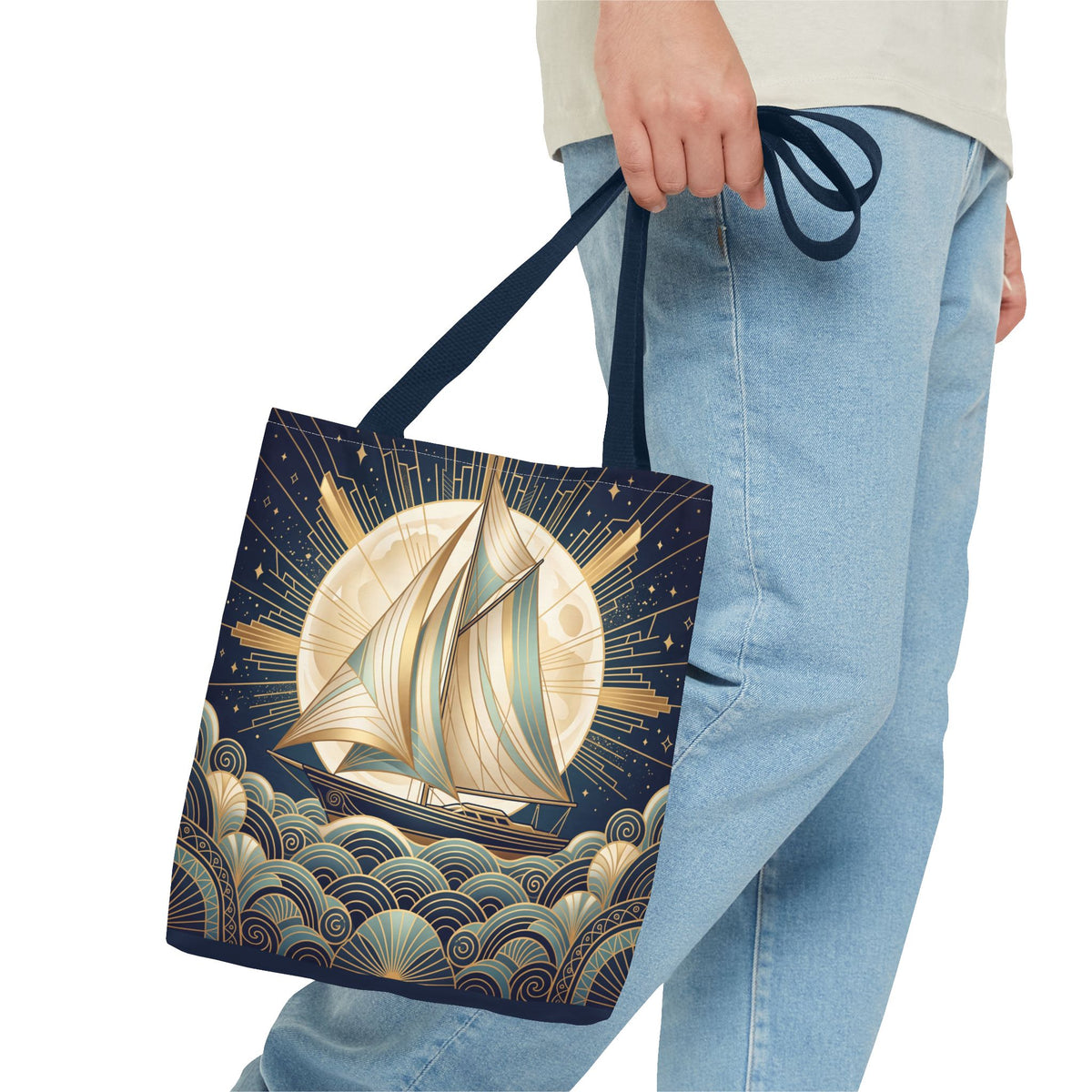 Art Deco Moonlit Sailboat Tote Bag – Starry Night Nautical Beach Bag