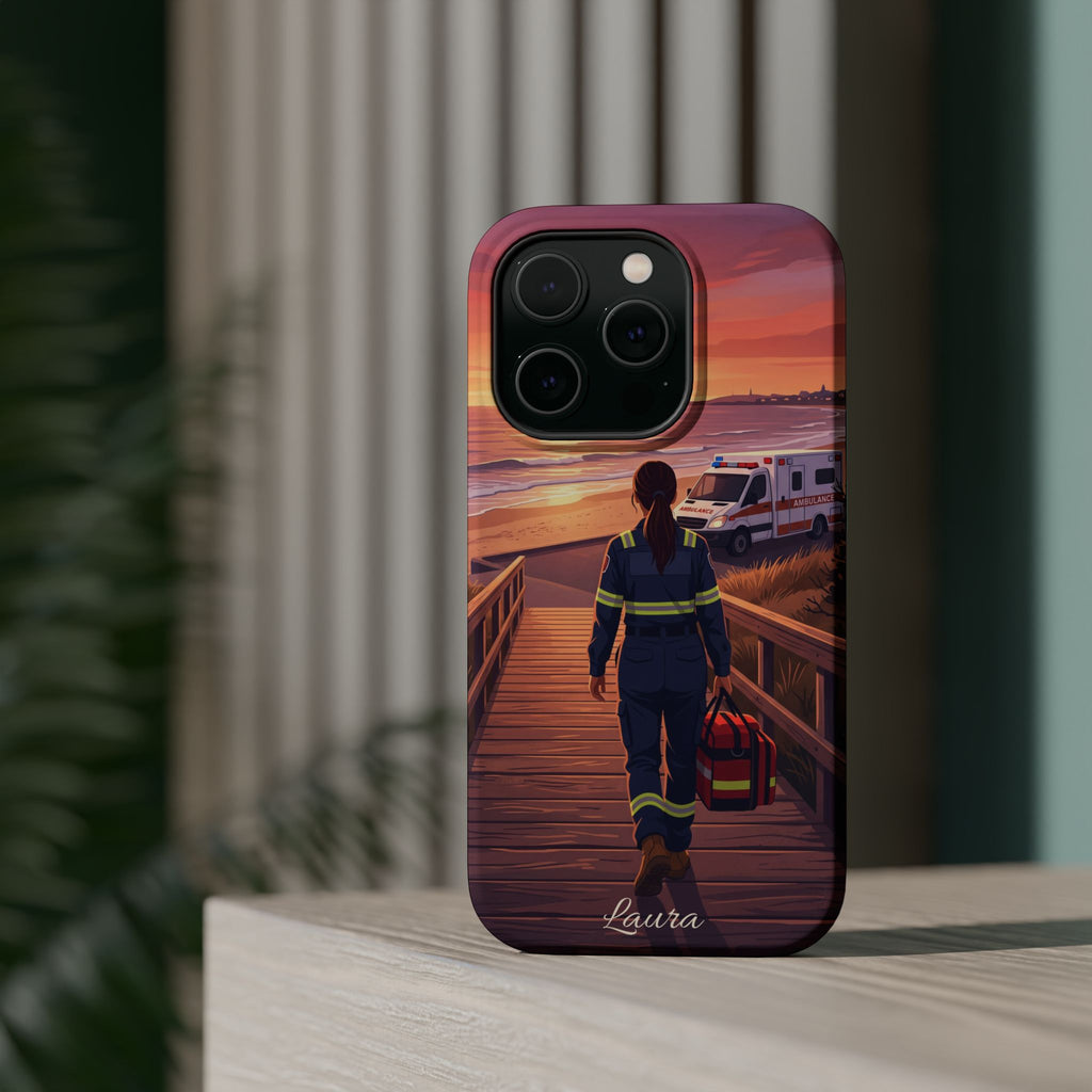Sunset Boardwalk Personalized Paramedic Phone Case — Wireless Charging Cover