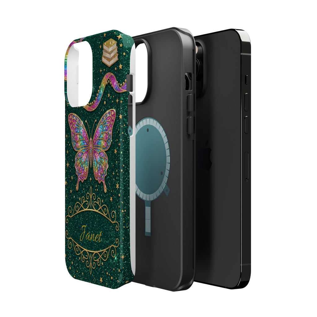 Rainbow Glitter Butterfly Personalized Teacher Phone Case — Wireless Charging Cover