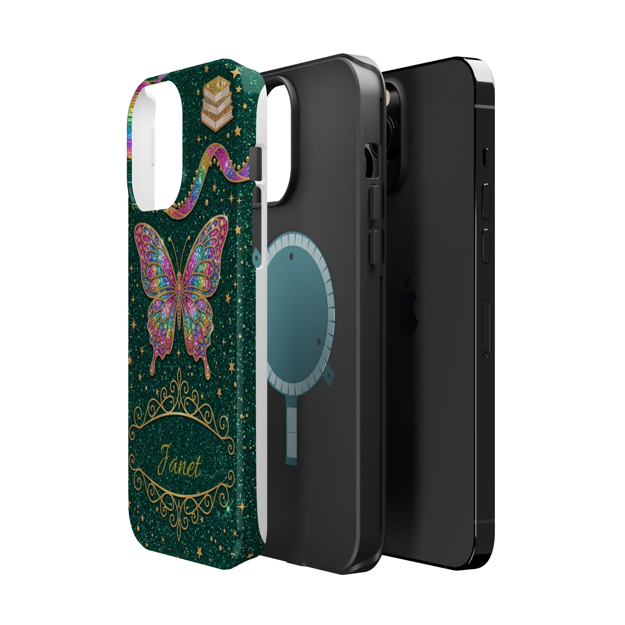 Rainbow Glitter Butterfly Personalized Teacher Phone Case — Wireless Charging Cover