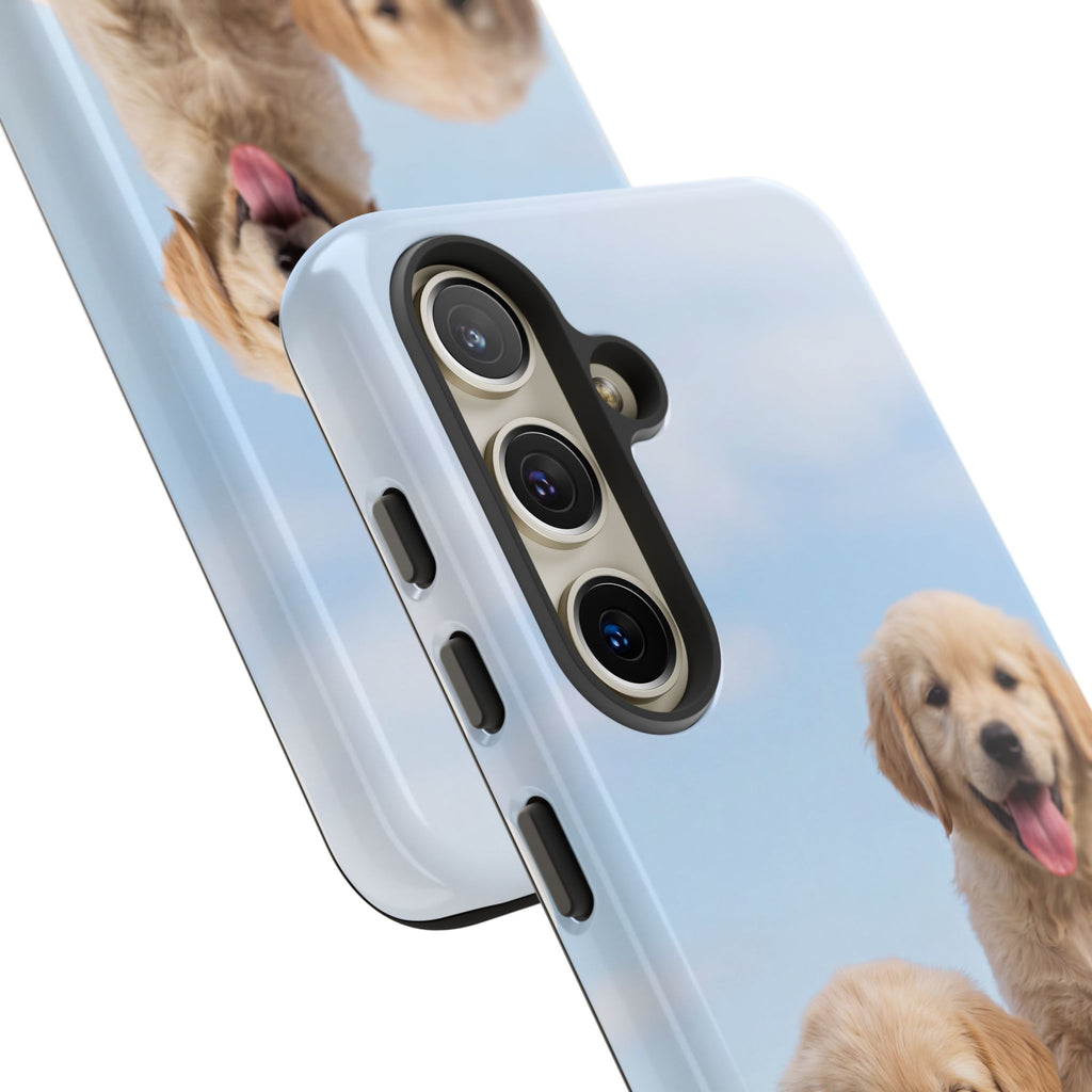 Golden Retriever Puppies on Barrel Phone Case | Cute Duo Under Blue Sky | iPhone & Samsung