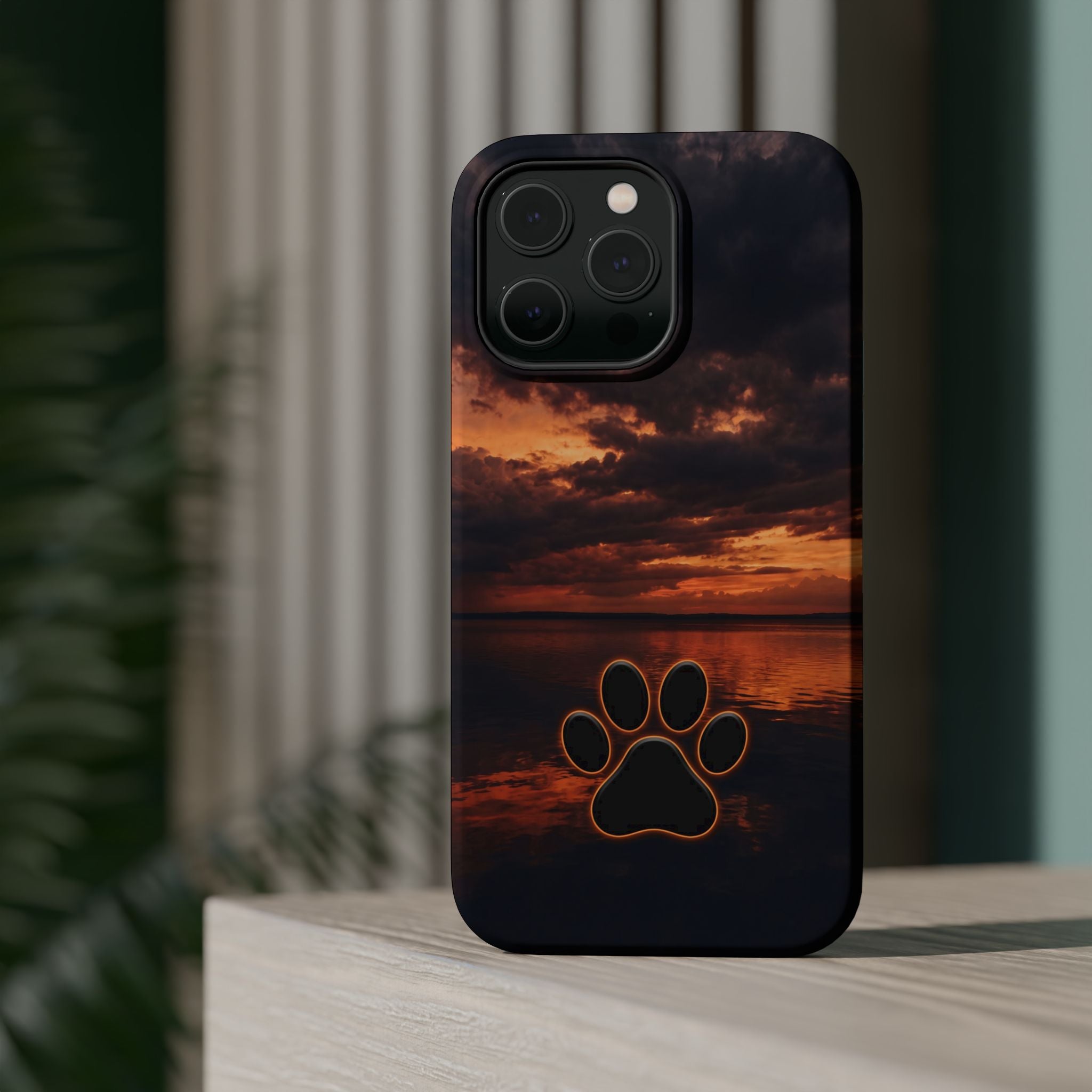 Sunset Paw Print Phone Case — Impact-Resistant Wireless Charging Cover