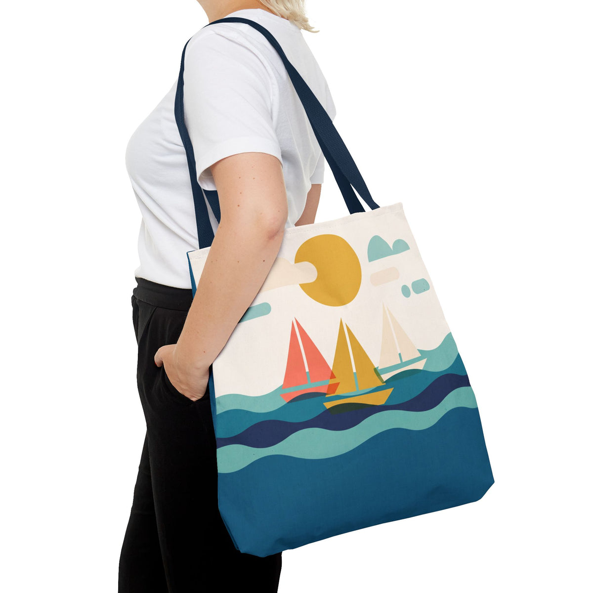 Minimalist Sailboat Tote Bag – Mid-Century Modern Ocean Waves Beach Bag
