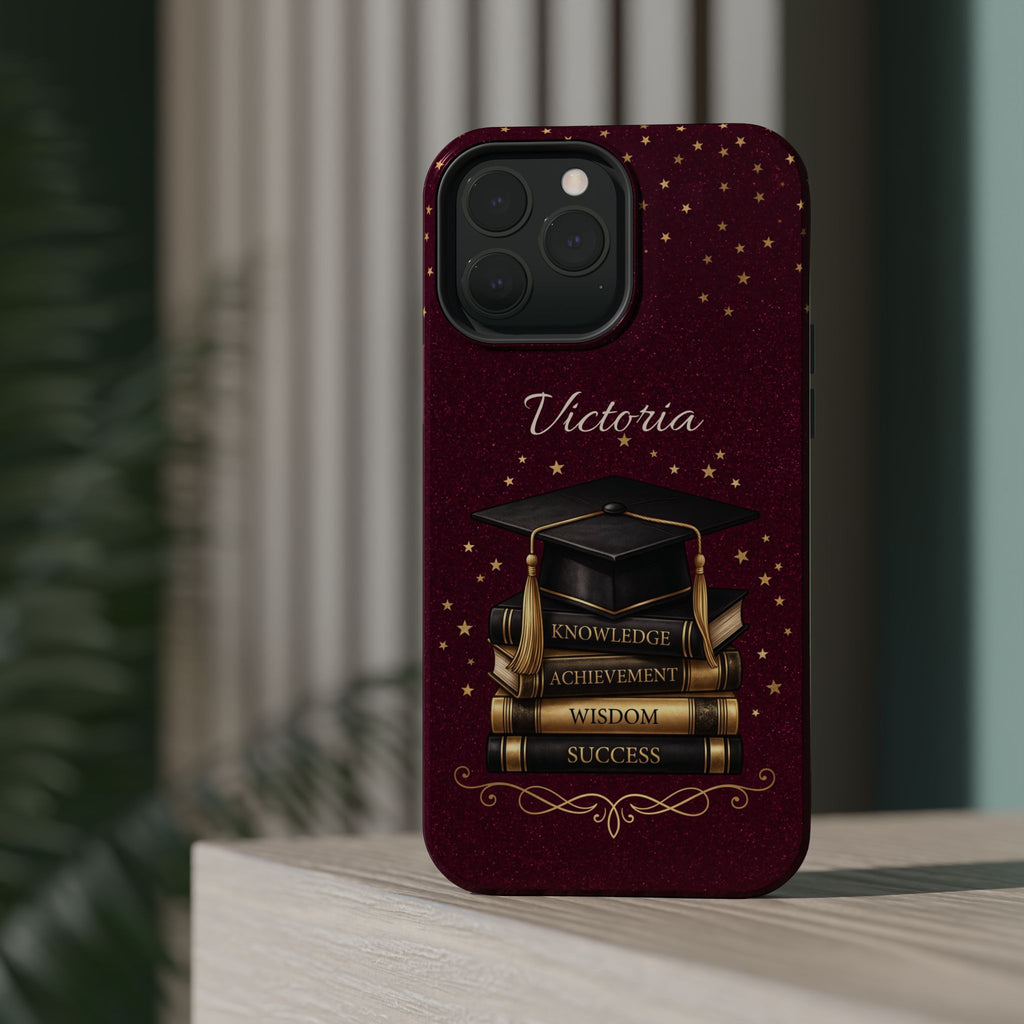 Graduation Cap & Books Personalized Teacher Phone Case — Wireless Charging Cover