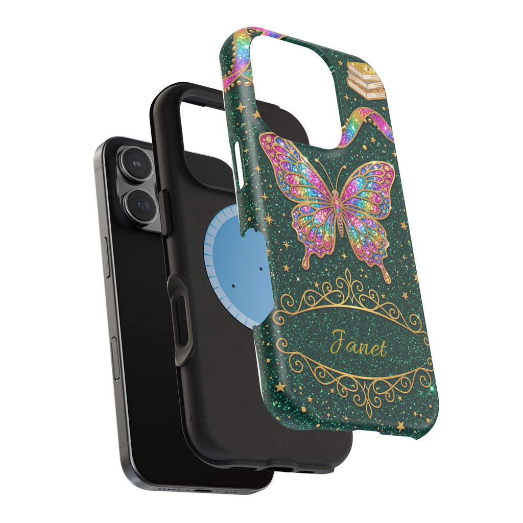 Rainbow Glitter Butterfly Personalized Teacher Phone Case — Wireless Charging Cover