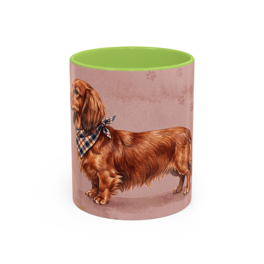 Dachshund Lover Mug | Long-Haired Wiener Dog with Plaid Bandana, Dusty Rose Watercolor Dog Gift
