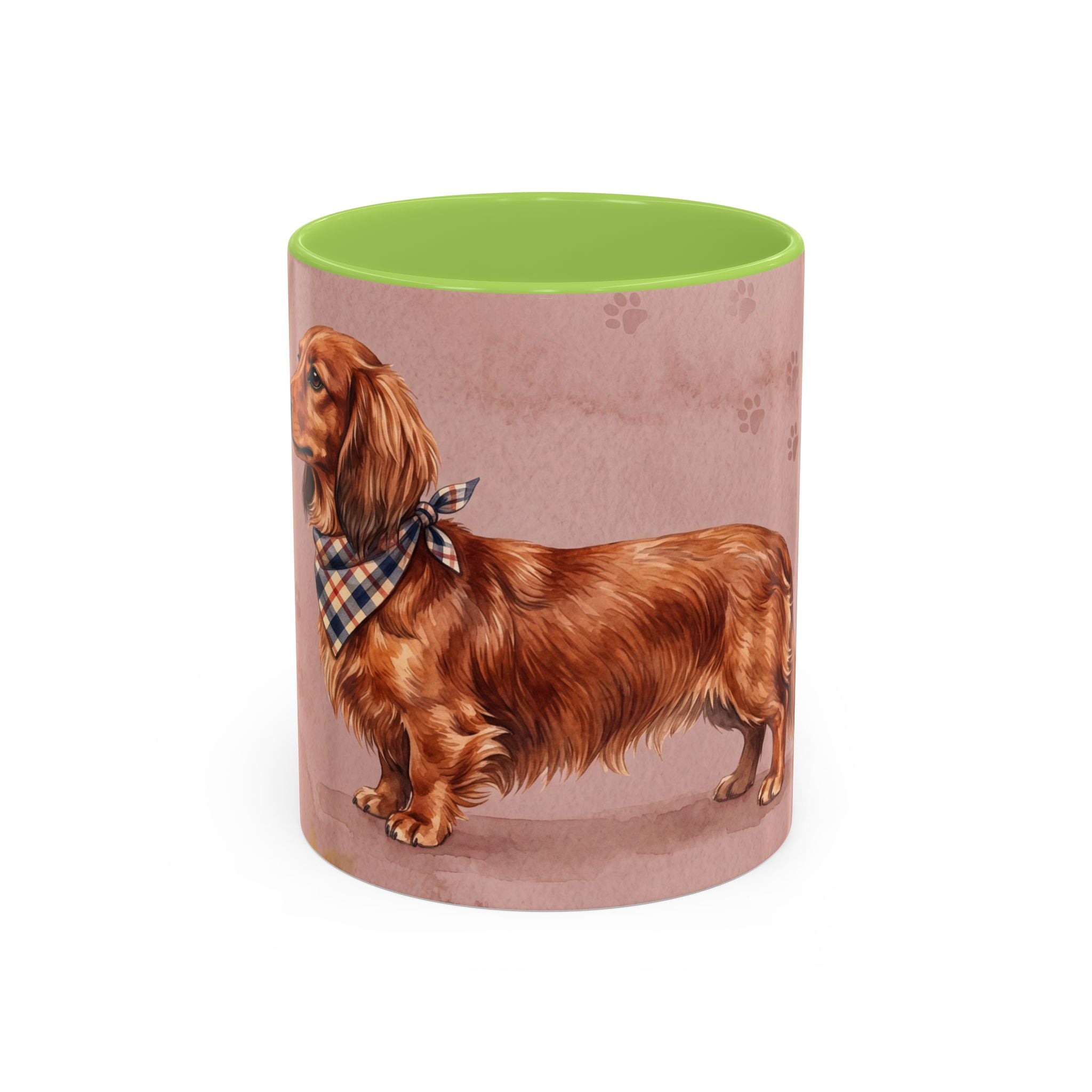 Dachshund Lover Mug | Long-Haired Wiener Dog with Plaid Bandana, Dusty Rose Watercolor Dog Gift