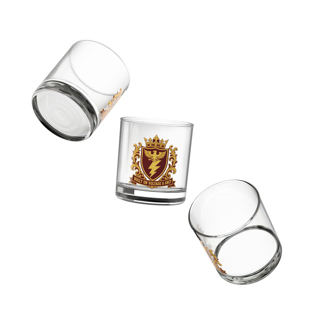 Built On Voltage & Grit Crest Rocks Glass 10oz — Burgundy & Gold Electrician Glass