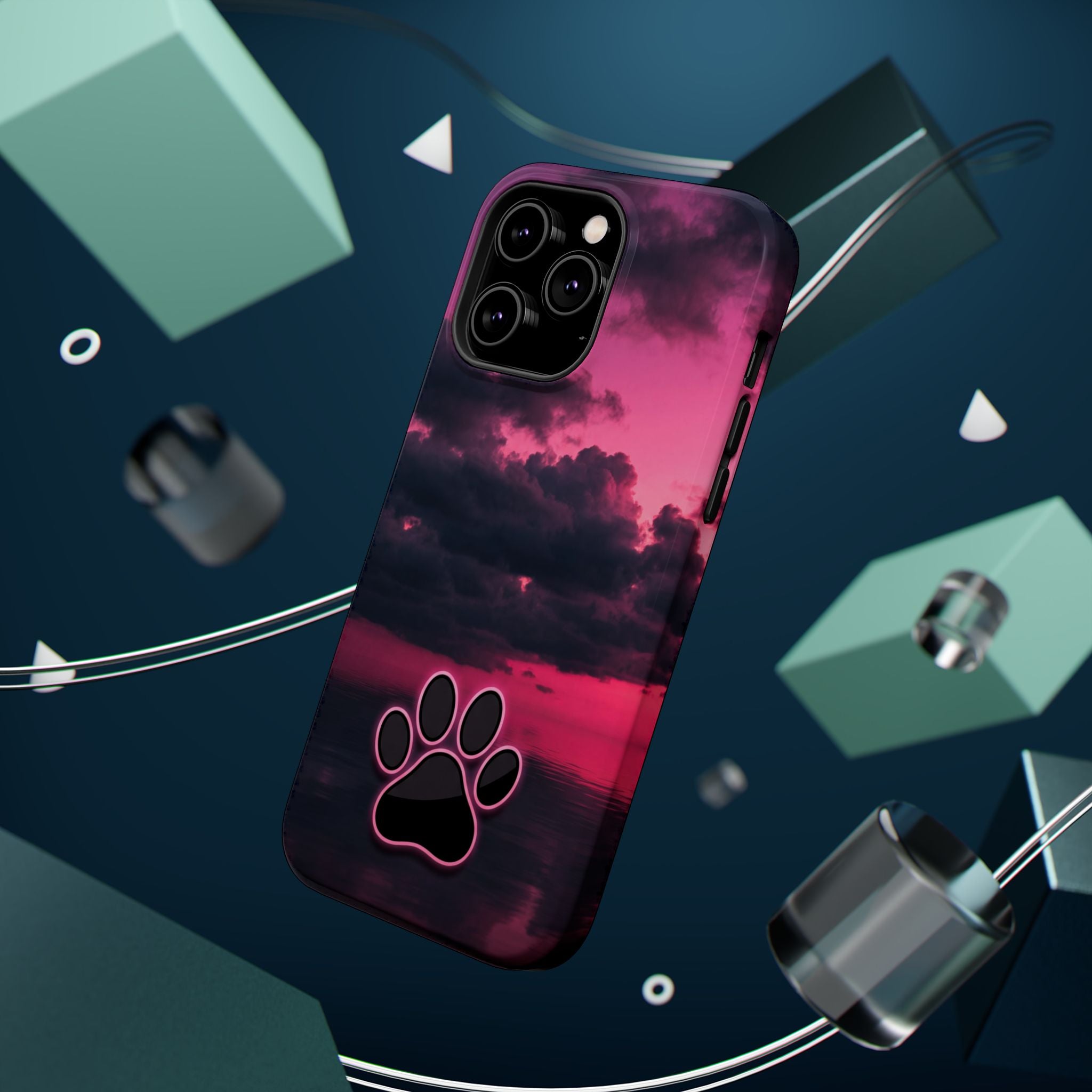 Pink Sky Paw Print Phone Case — Impact-Resistant Wireless Charging Cover