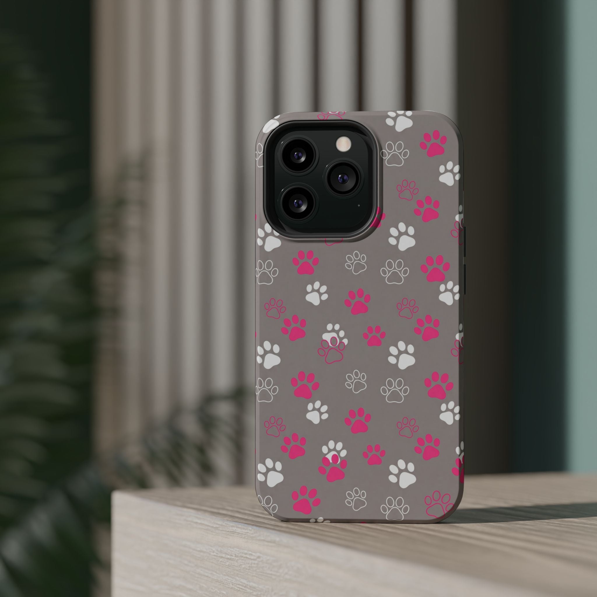 Pink & White Paw Print Phone Case — Impact-Resistant Wireless Charging Cover