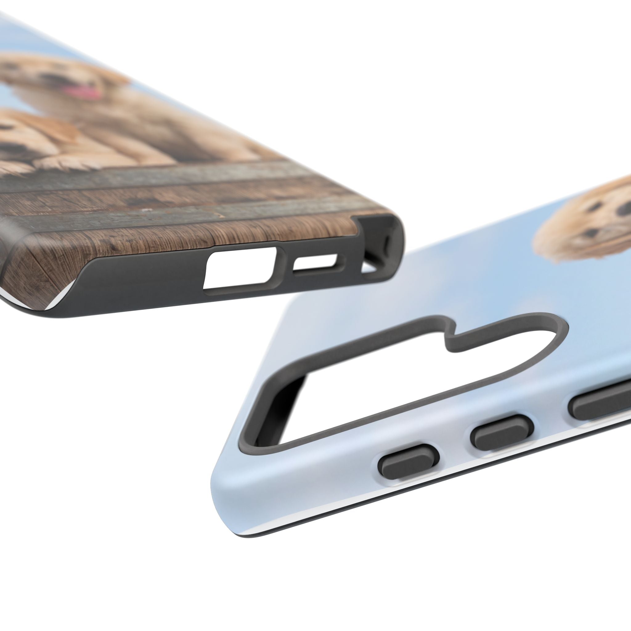 Golden Retriever Puppies on Barrel Phone Case | Cute Duo Under Blue Sky | iPhone & Samsung