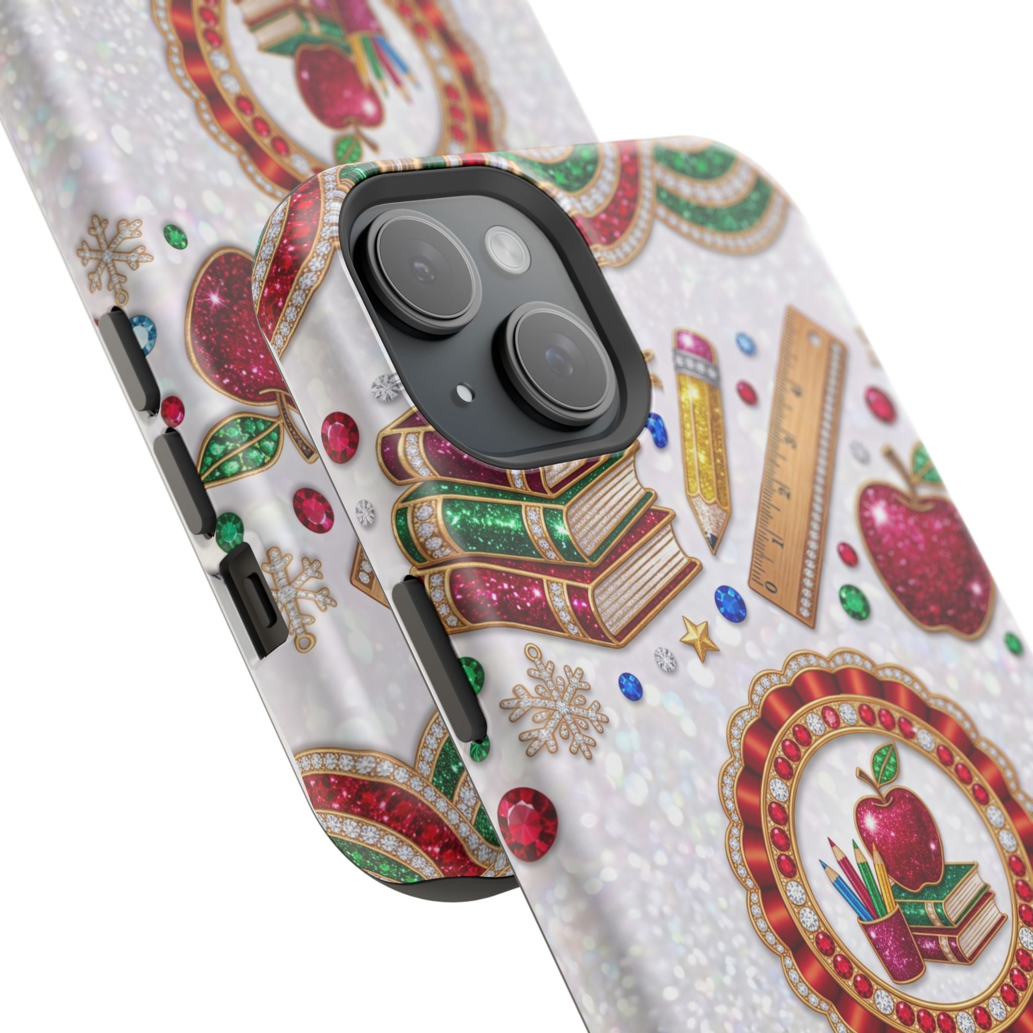 Jeweled Apple Medallion Personalized Teacher Phone Case — Wireless Charging Cover