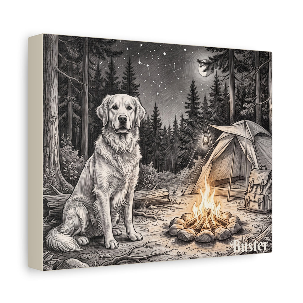 Golden Retriever Campfire Sketch Personalized Canvas | Night Camping Wall Art