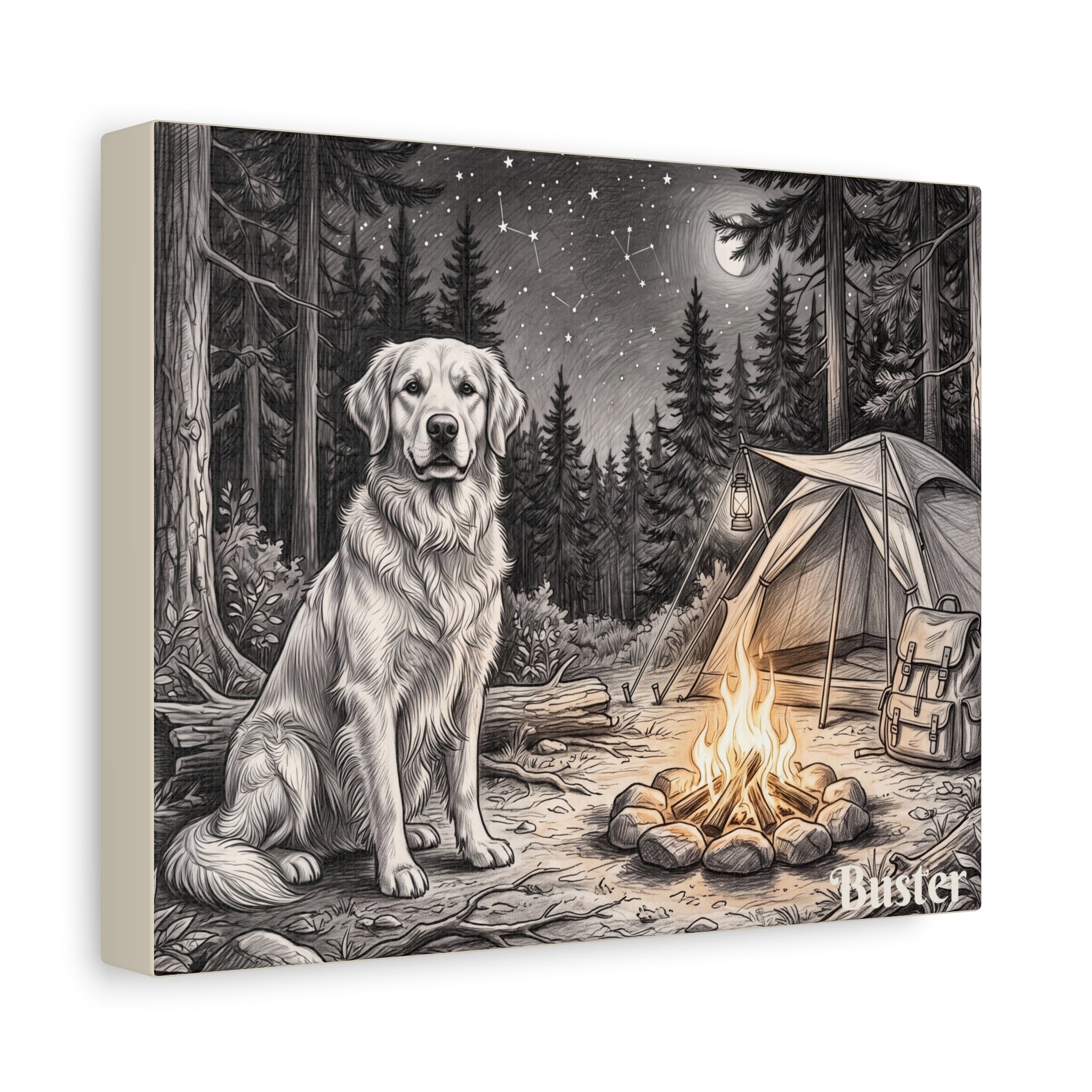 Golden Retriever Campfire Sketch Personalized Canvas | Night Camping Wall Art