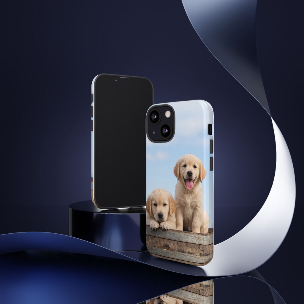 Golden Retriever Puppies on Barrel Phone Case | Cute Duo Under Blue Sky | iPhone & Samsung