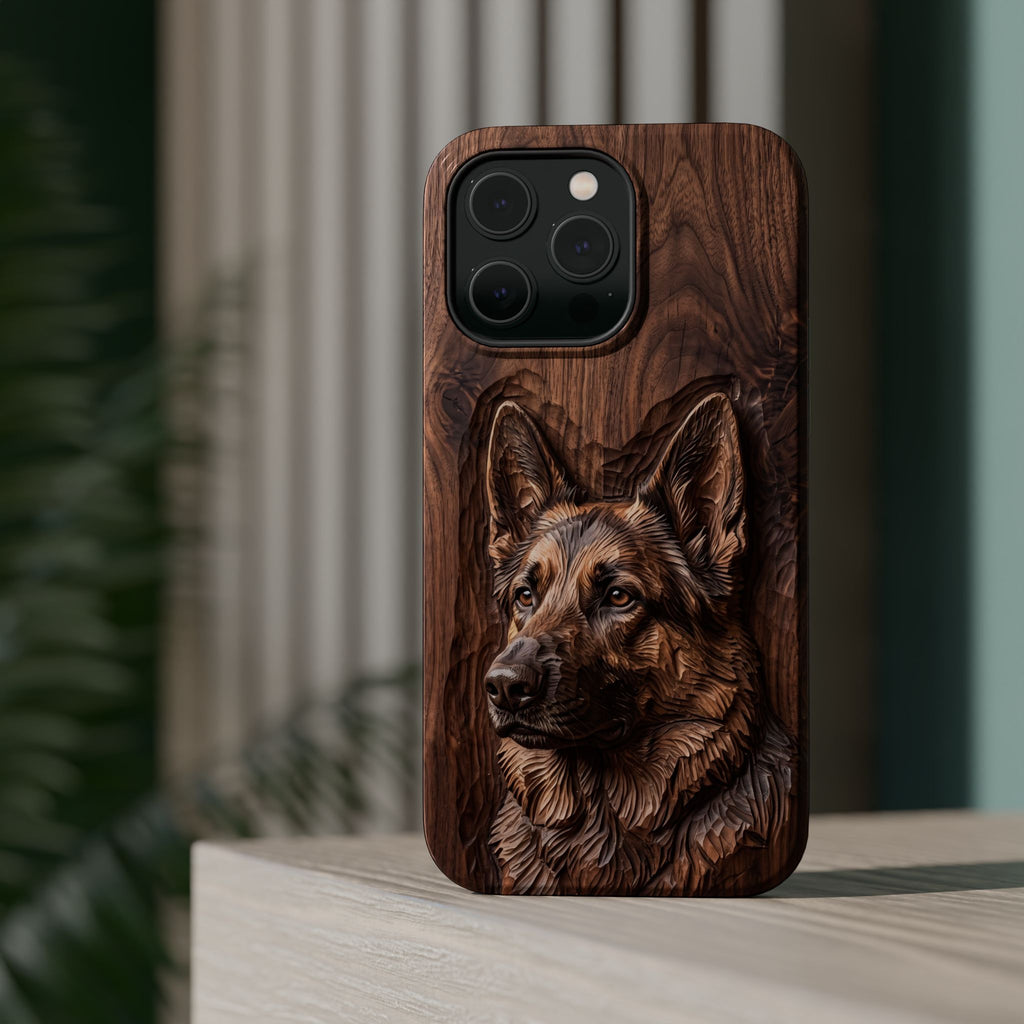 German Shepherd Phone Case | Carved Walnut Art — Tough Magnetic Case with Wireless Charging