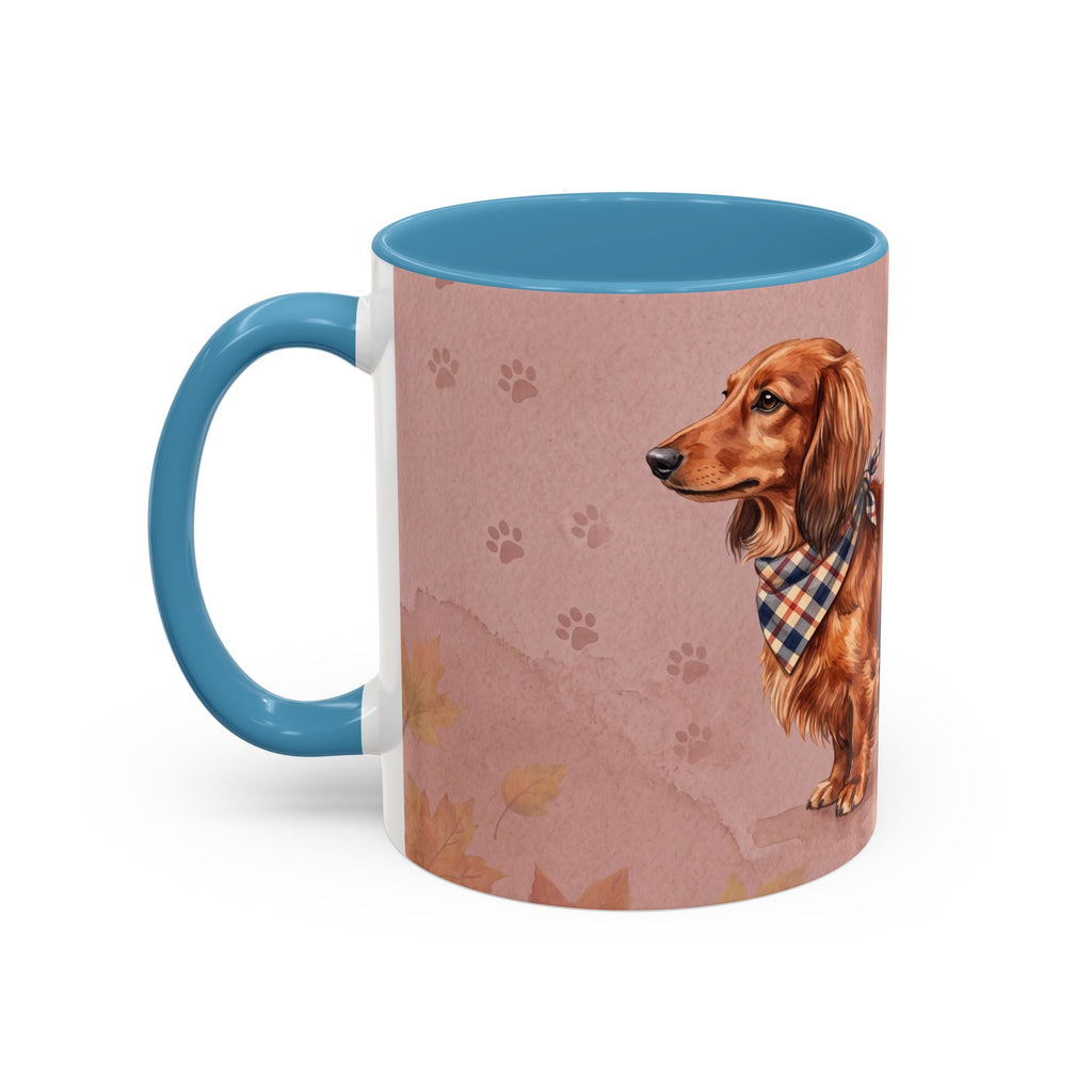 Dachshund Lover Mug | Long-Haired Wiener Dog with Plaid Bandana, Dusty Rose Watercolor Dog Gift