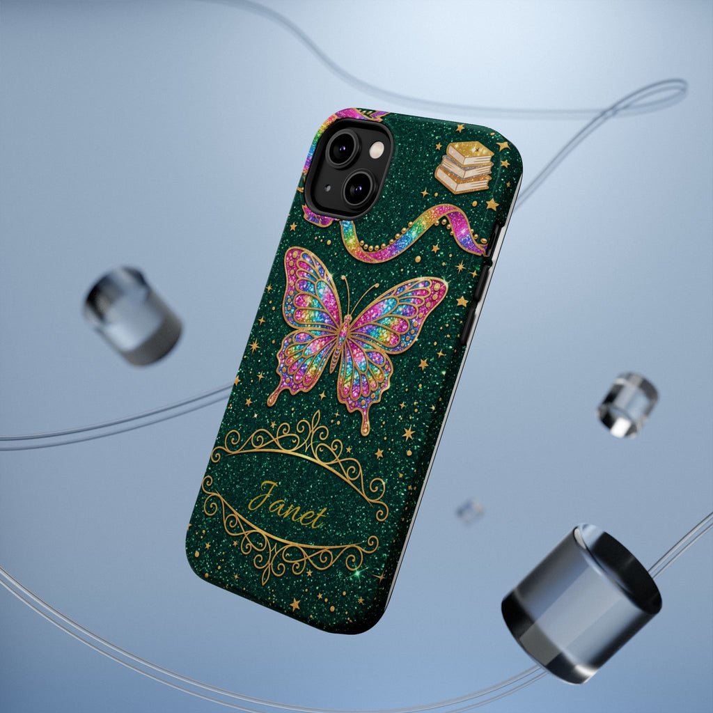 Rainbow Glitter Butterfly Personalized Teacher Phone Case — Wireless Charging Cover
