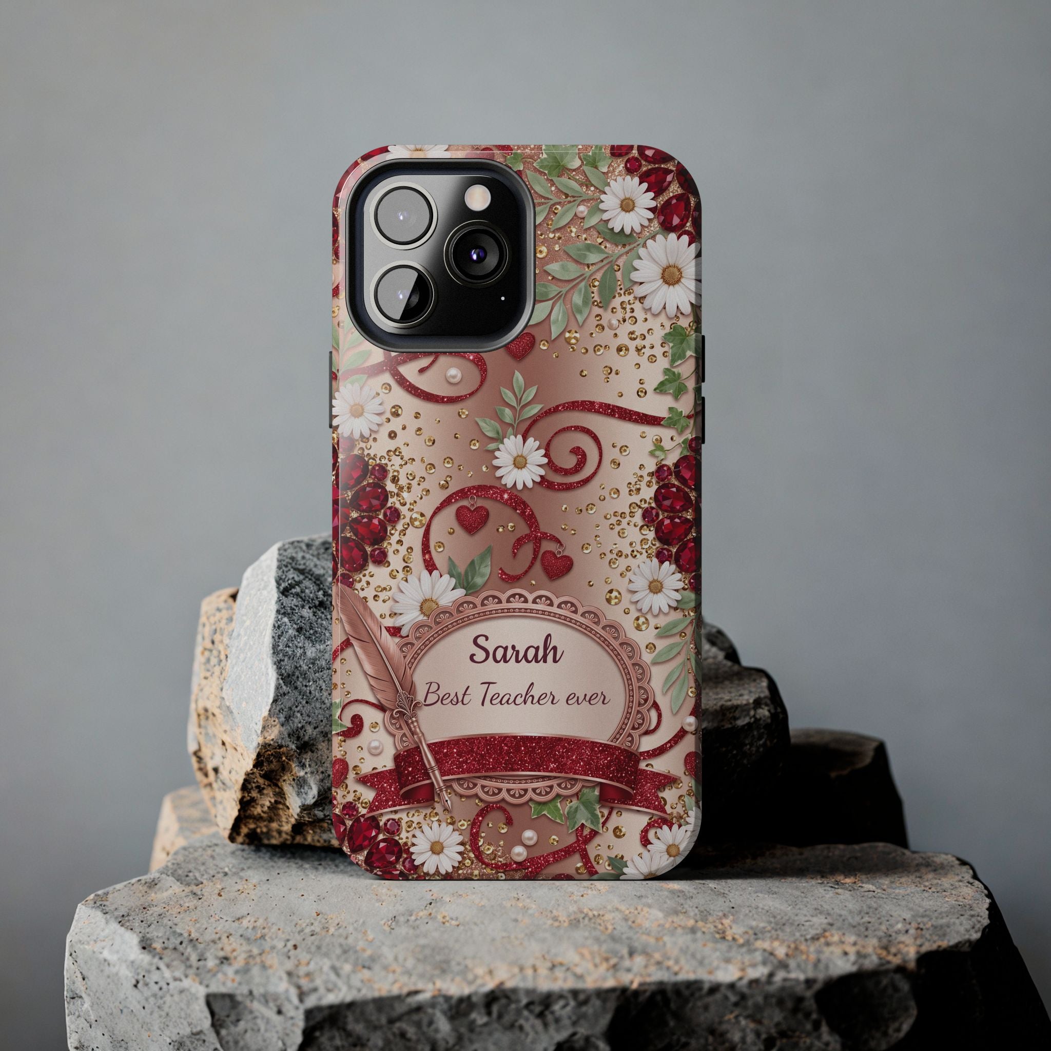 Personalized Teacher Phone Case — Custom Name and Message - Floral Jeweled Design