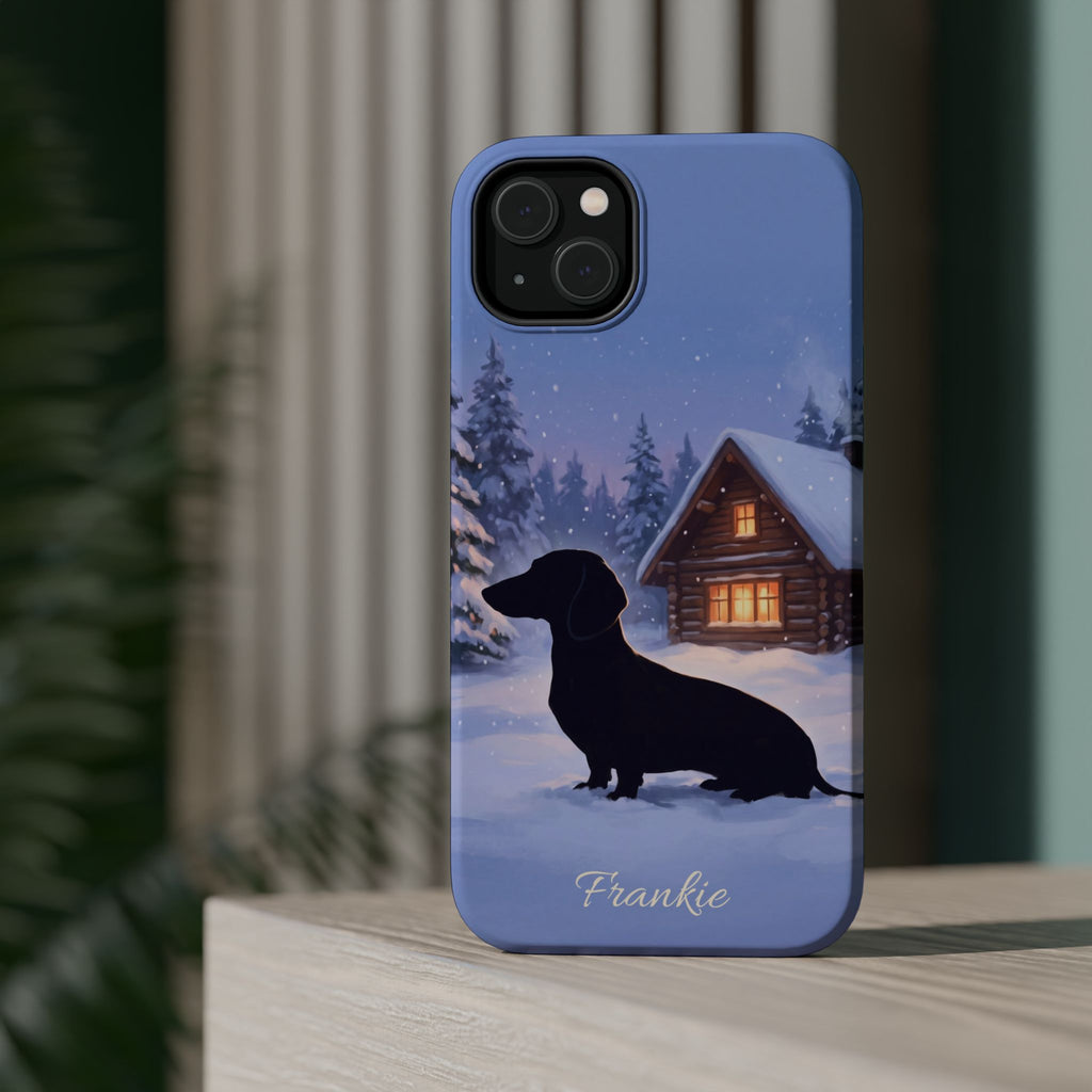 Personalized Dachshund Winter Cabin Phone Case — Wireless Charging Cover