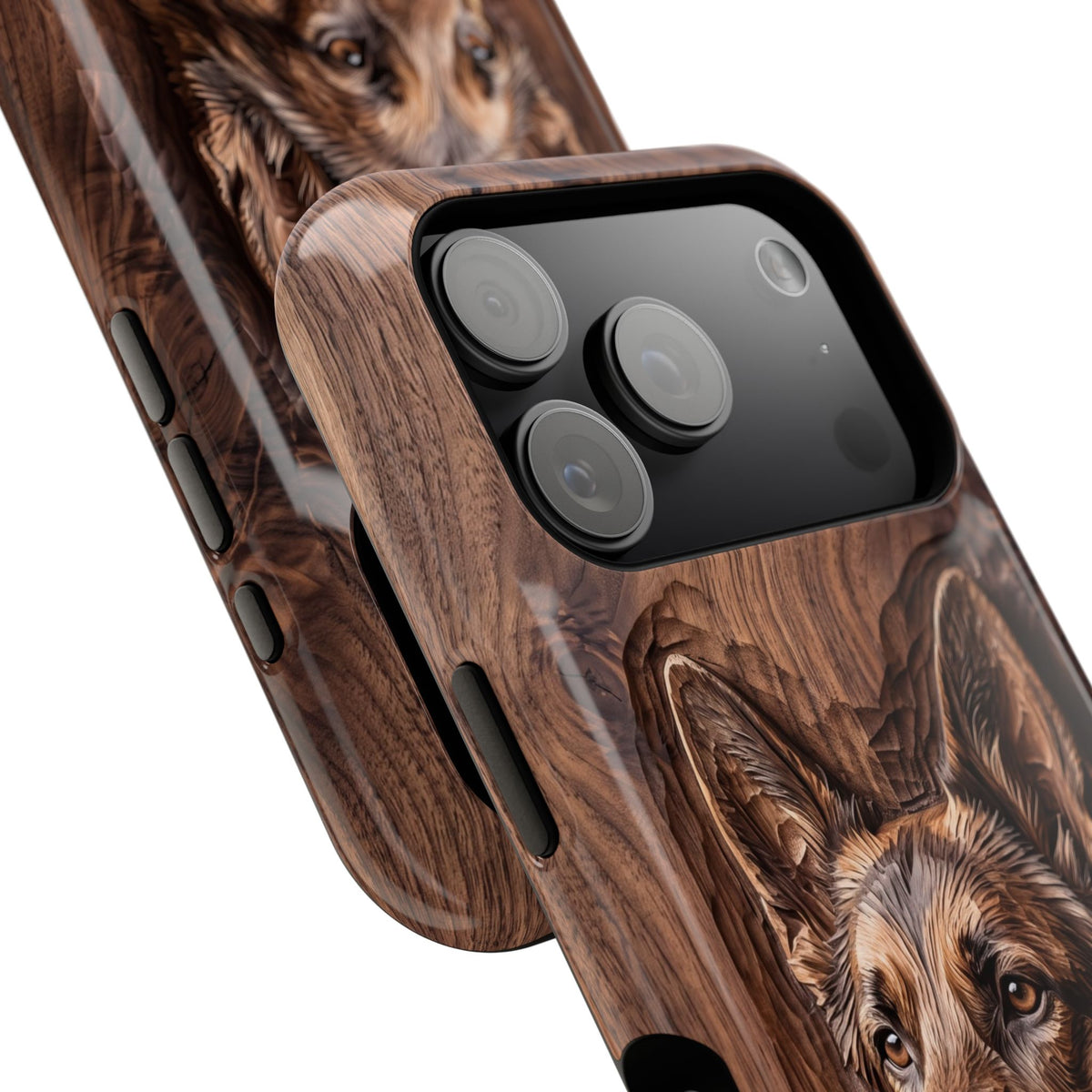 German Shepherd Phone Case | Carved Walnut Art — Tough Magnetic Case with Wireless Charging