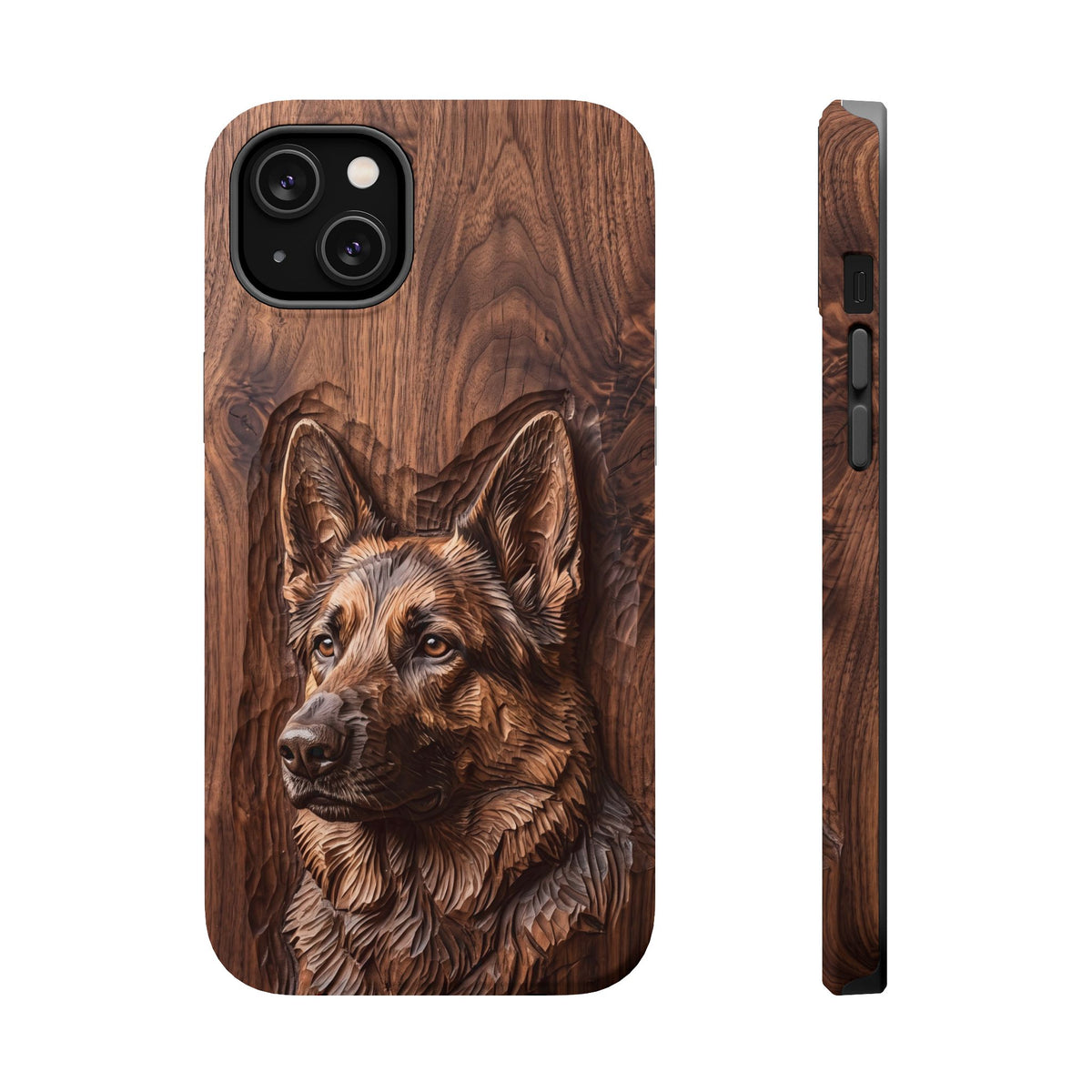 German Shepherd Phone Case | Carved Walnut Art — Tough Magnetic Case with Wireless Charging