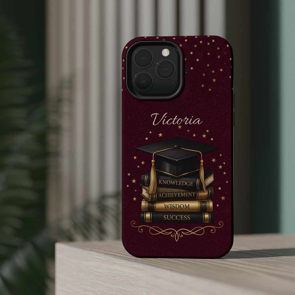 Graduation Cap & Books Personalized Teacher Phone Case — Wireless Charging Cover