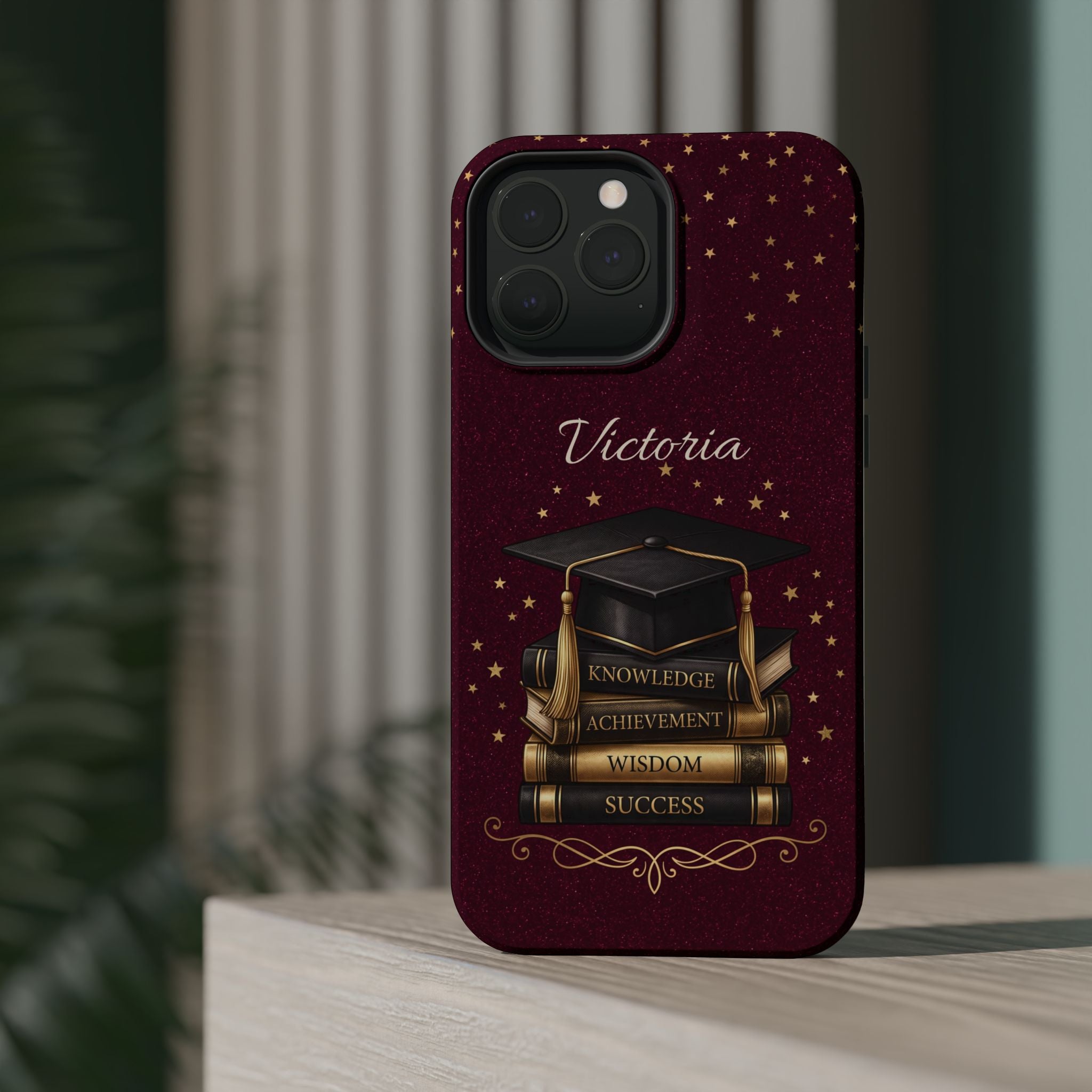 Graduation Cap & Books Personalized Teacher Phone Case — Wireless Charging Cover