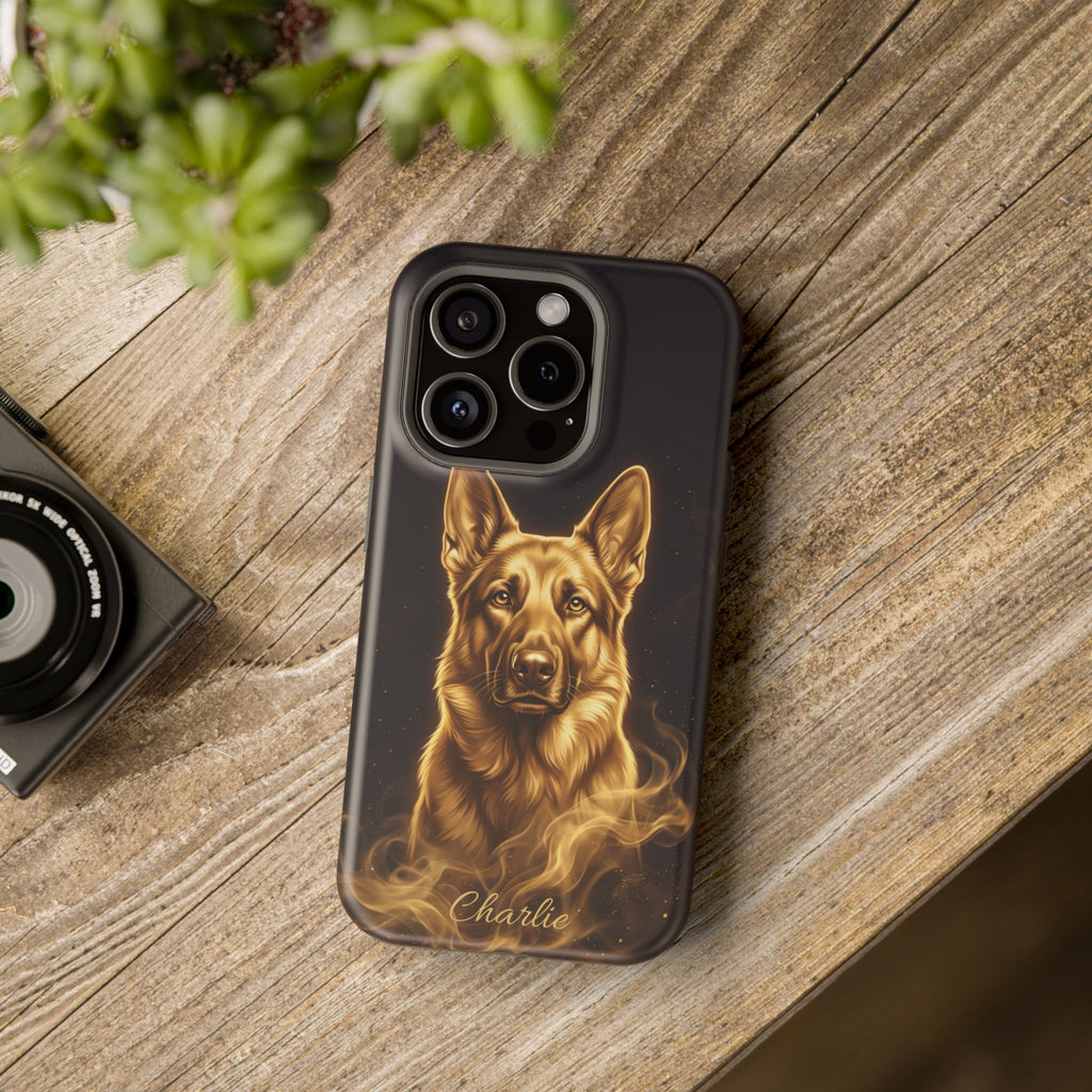 German Shepherd Phone Case | Personalized Gold Glow Art — Tough Magnetic Case with Wireless Charging