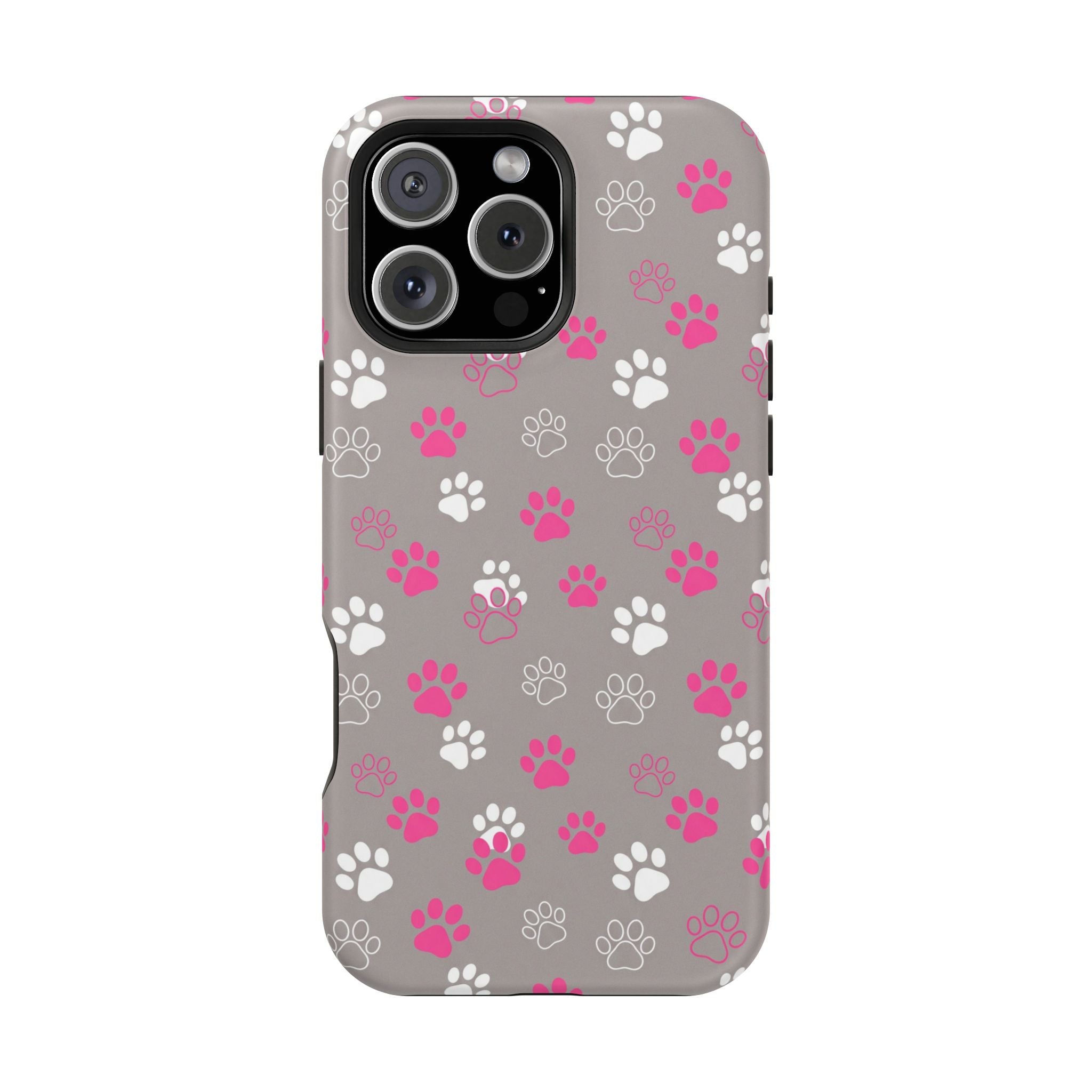 Pink & White Paw Print Phone Case — Impact-Resistant Wireless Charging Cover