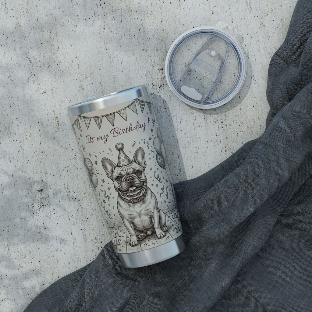 Birthday Frenchie Stainless Tumbler — 20 oz Personalized Travel Mug with Party Design