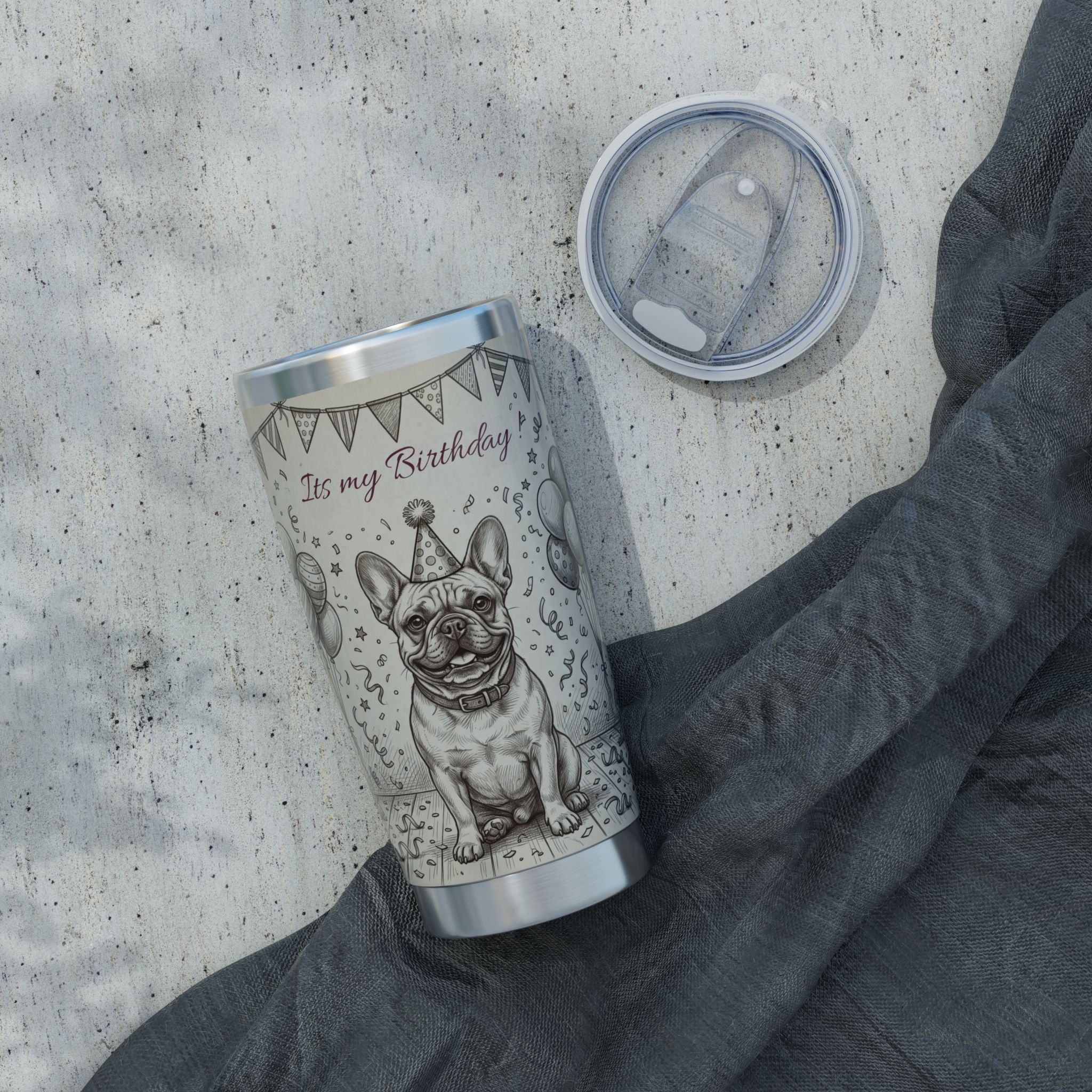 Birthday Frenchie Stainless Tumbler — 20 oz Personalized Travel Mug with Party Design
