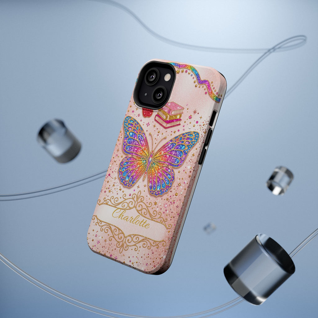 Blush Glitter Butterfly Personalized Teacher Phone Case — Wireless Charging Cover