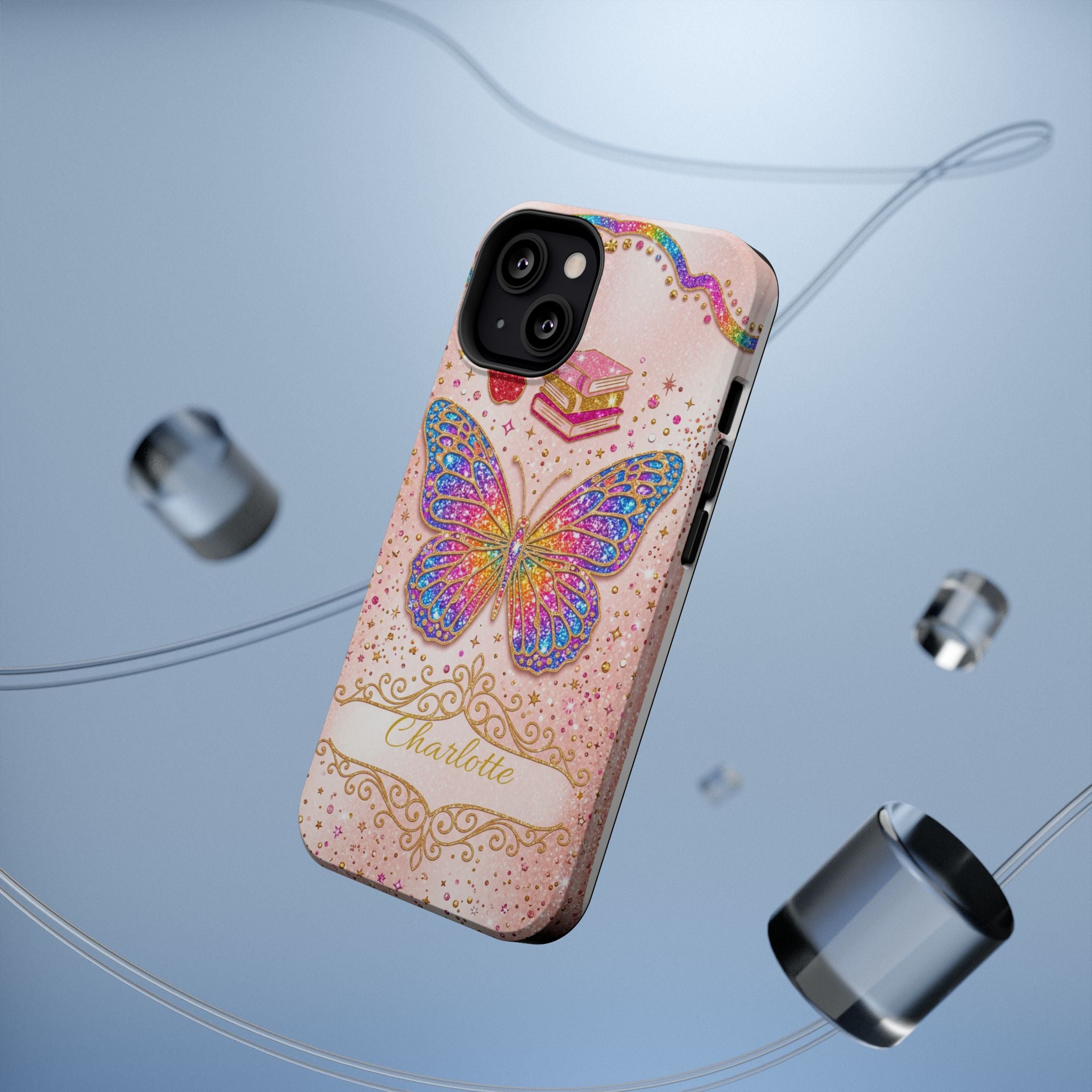 Blush Glitter Butterfly Personalized Teacher Phone Case — Wireless Charging Cover