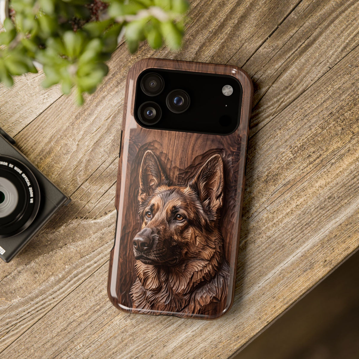 German Shepherd Phone Case | Carved Walnut Art — Tough Magnetic Case with Wireless Charging