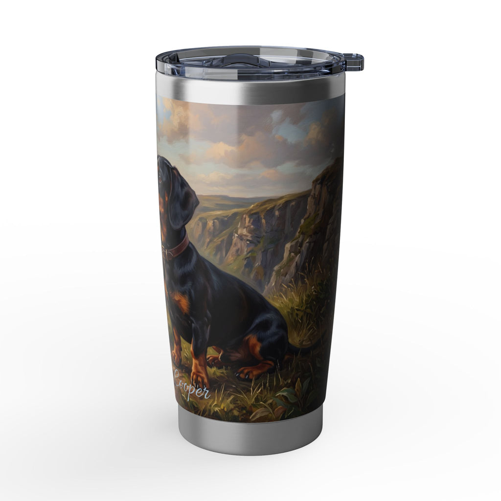 Dachshund Coastal Cliffs Stainless Tumbler — 20oz Personalized Travel Mug with Seaside Landscape Design