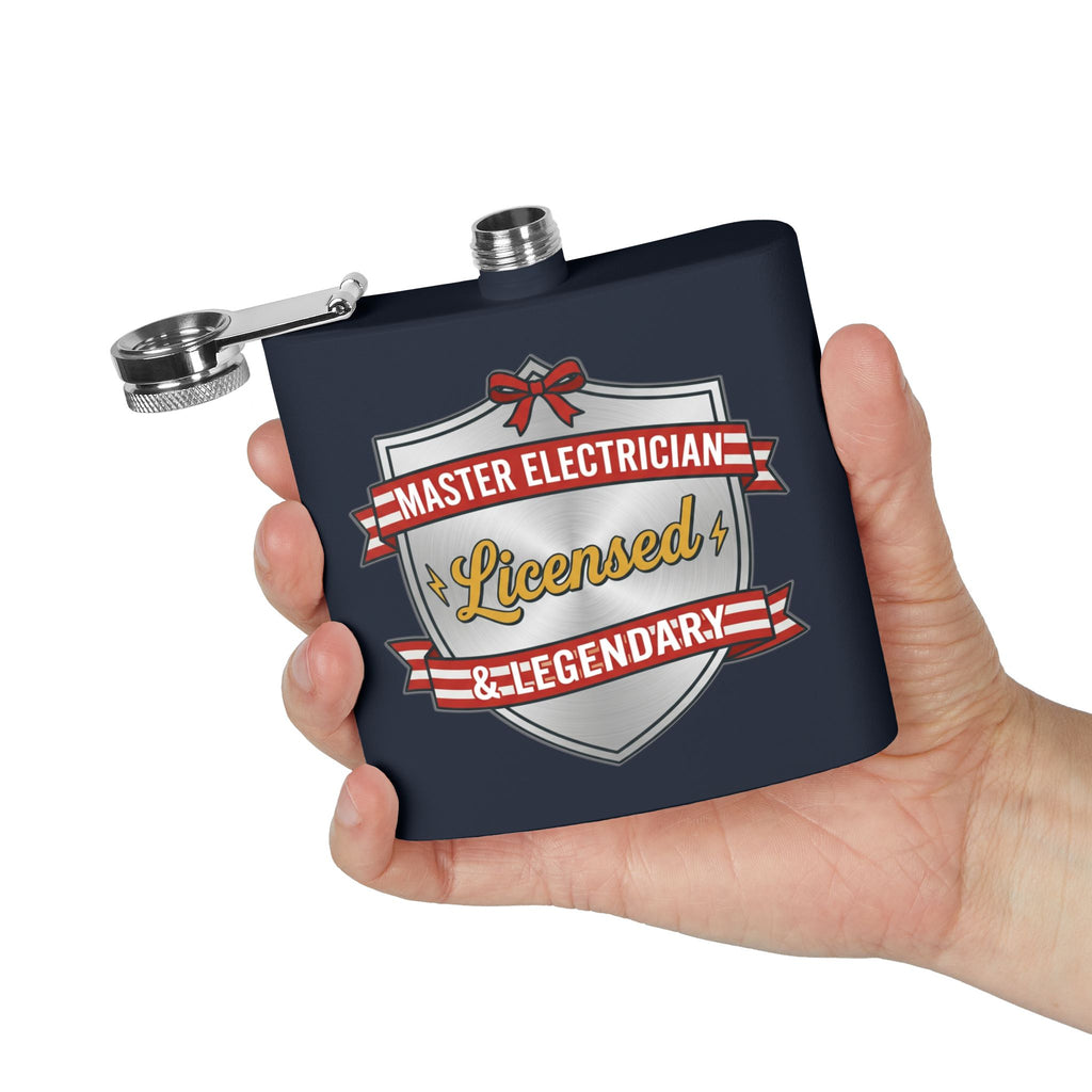 Flask — "Master Electrician: Licensed & Legendary" (Shield Badge) 6oz Stainless Steel Hip Flask